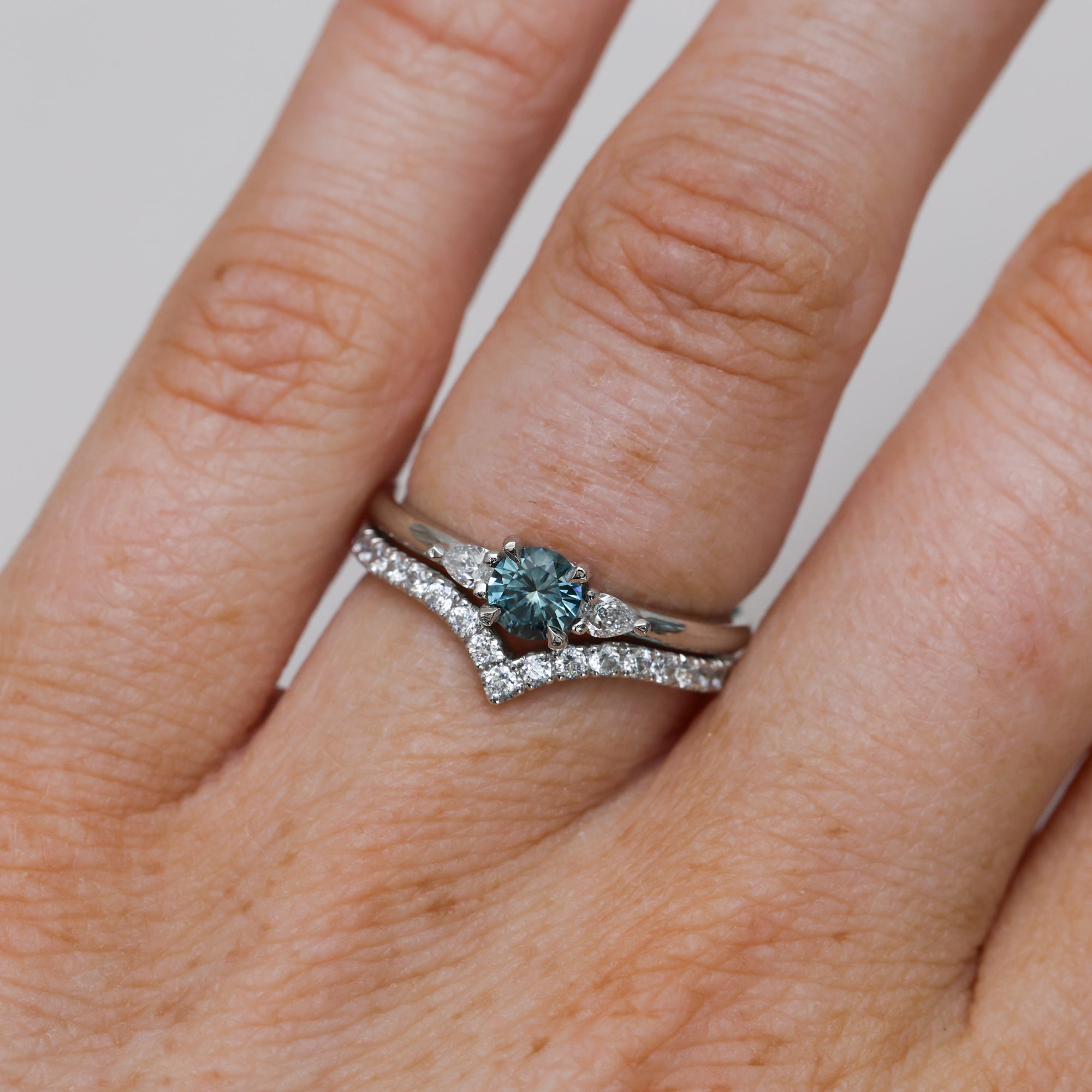 0.37ct Round Cut Montana Sapphire and Pear Diamond Engagement ring