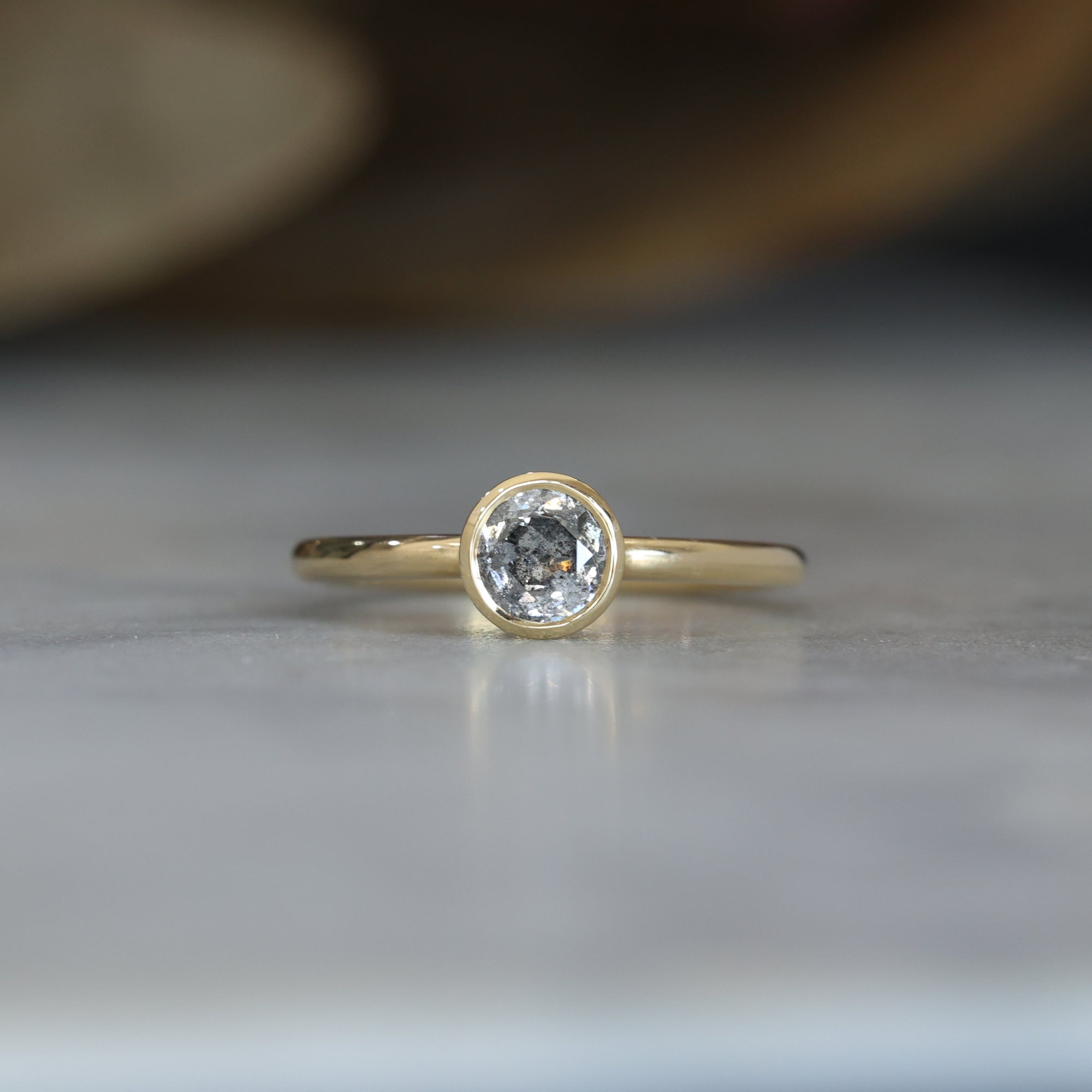 0.50ct Salt & pepper diamond bezel engagement ring front view