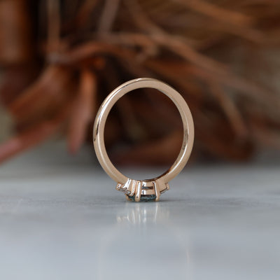 0.58ct Montana Sapphire trilogy engagement ring profile view