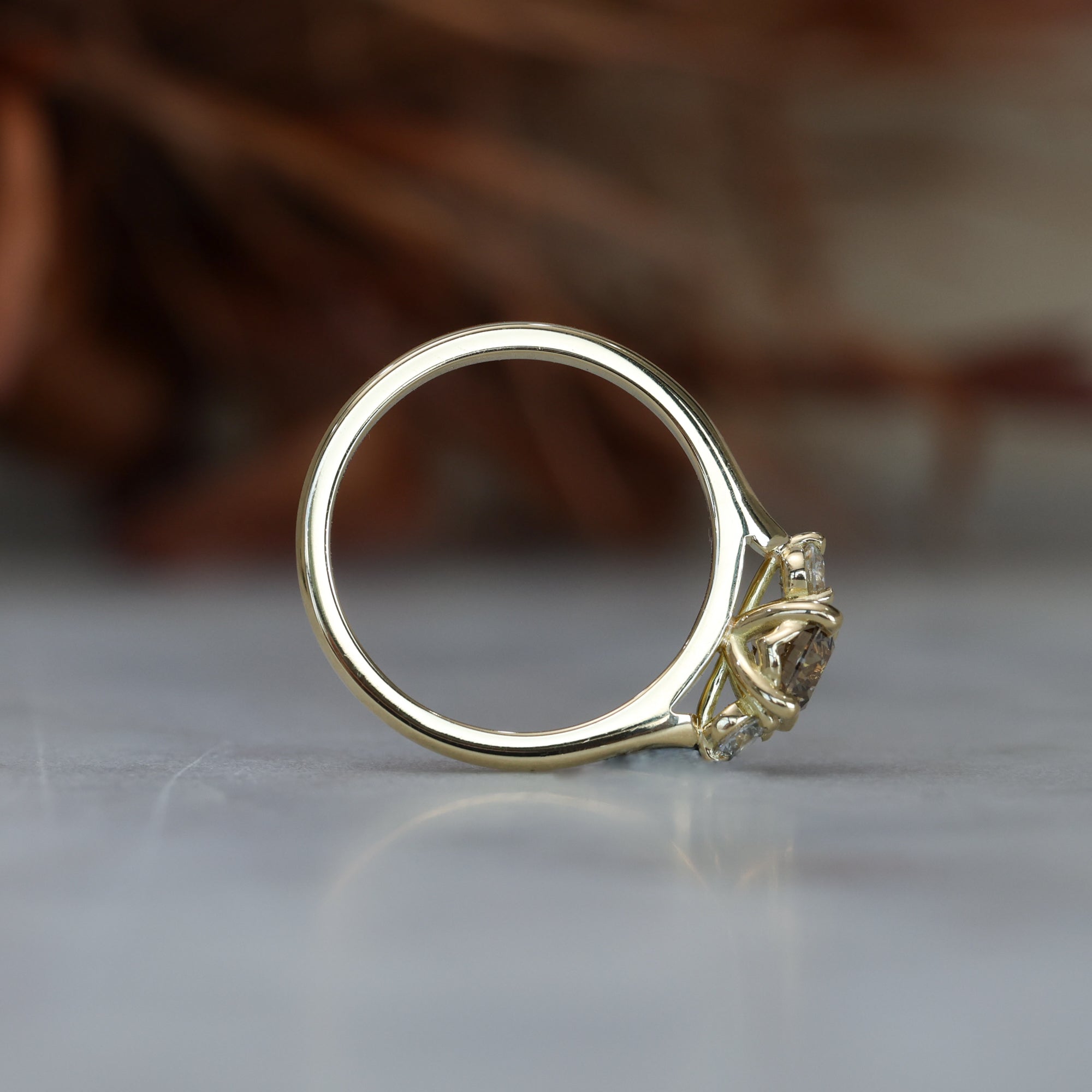 0.62ct Champagne diamond trilogy engagement ring setting profile