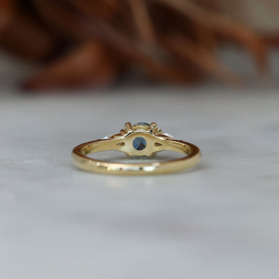 0.67ct Montana Sapphire and diamond May trilogy engagement ring back