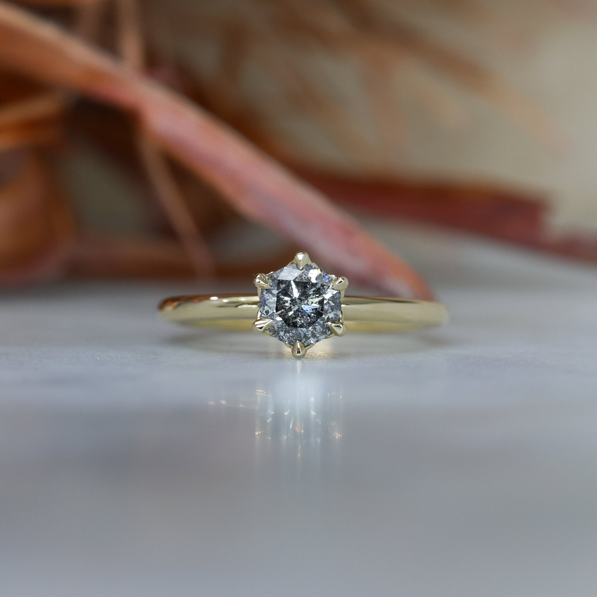 0.71ct round cut salt and pepper diamond engagement ring