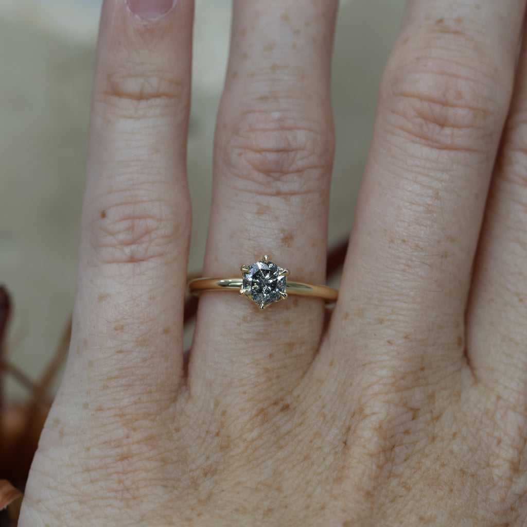 0.71ct round cut salt and pepper diamond engagement ring on hand