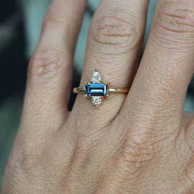 0.80ct Australian Parti Sapphire & Diamond Trio engagement ring on hand