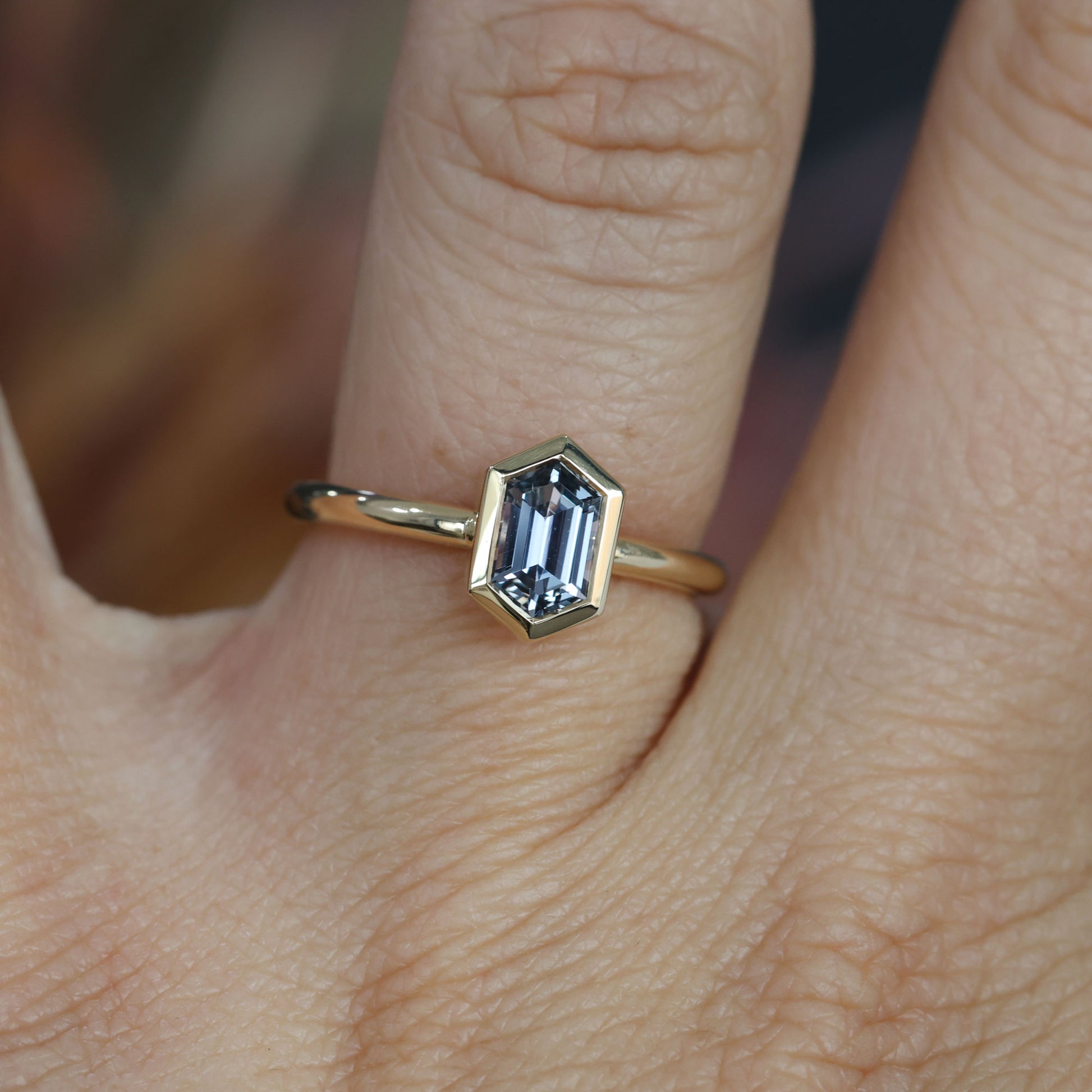 0.80 Elongated Hexagon Grey Sapphire Solitaire engagement ring