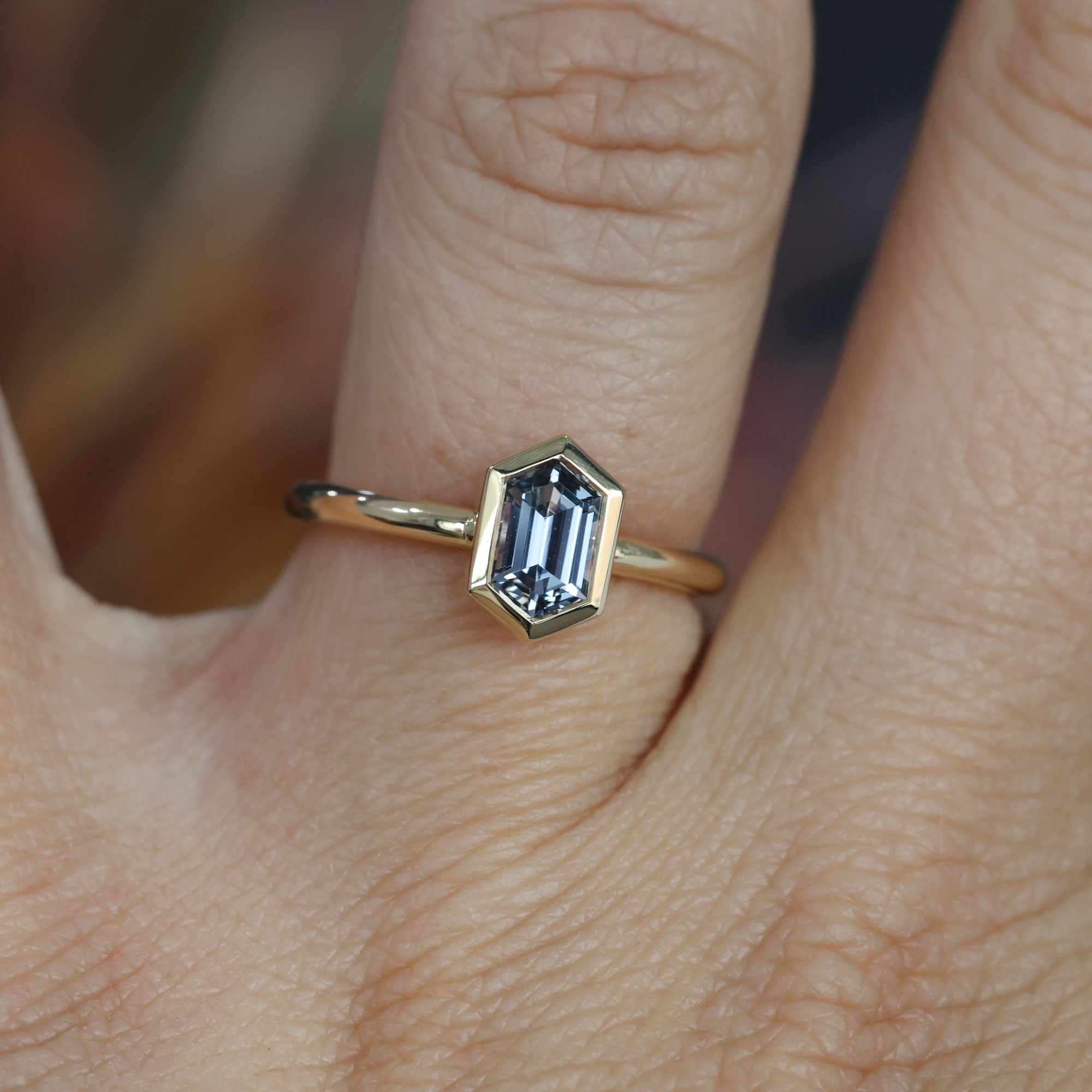 0.80 Elongated Hexagon Grey Sapphire Solitaire engagement ring