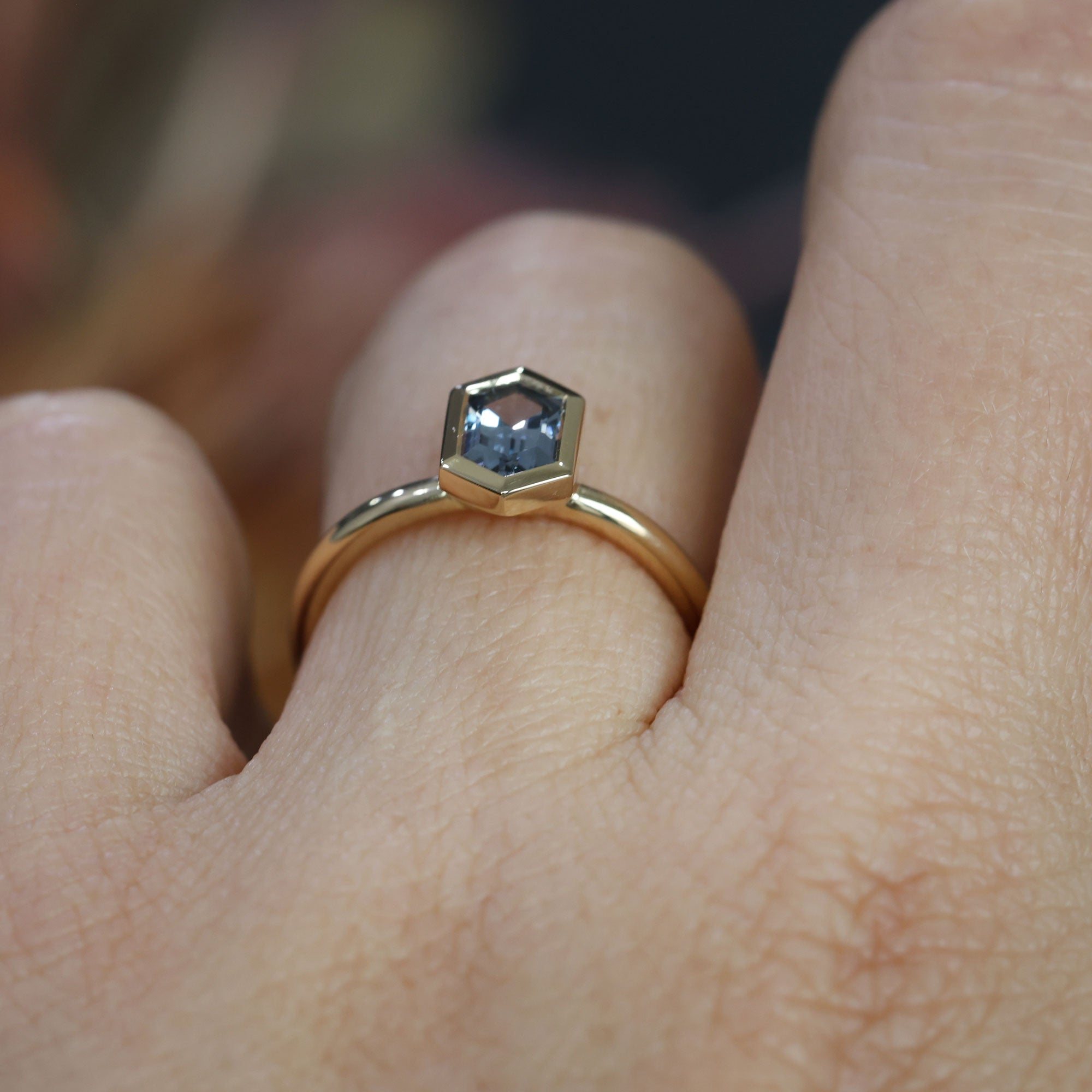 0.80ct Elongated Hexagon Grey Sapphire Solitaire engagement ring