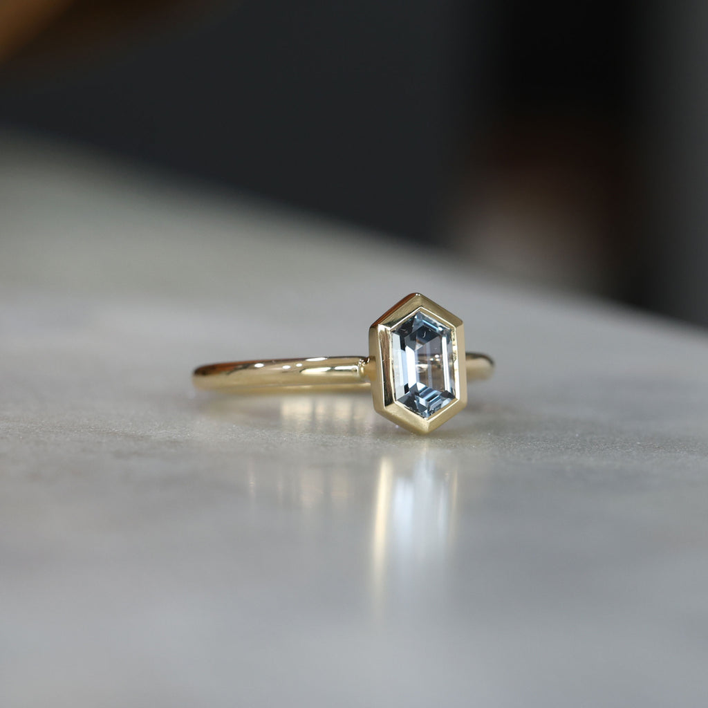 0.80ct Elongated Hexagon Grey Sapphire Solitaire engagement ring