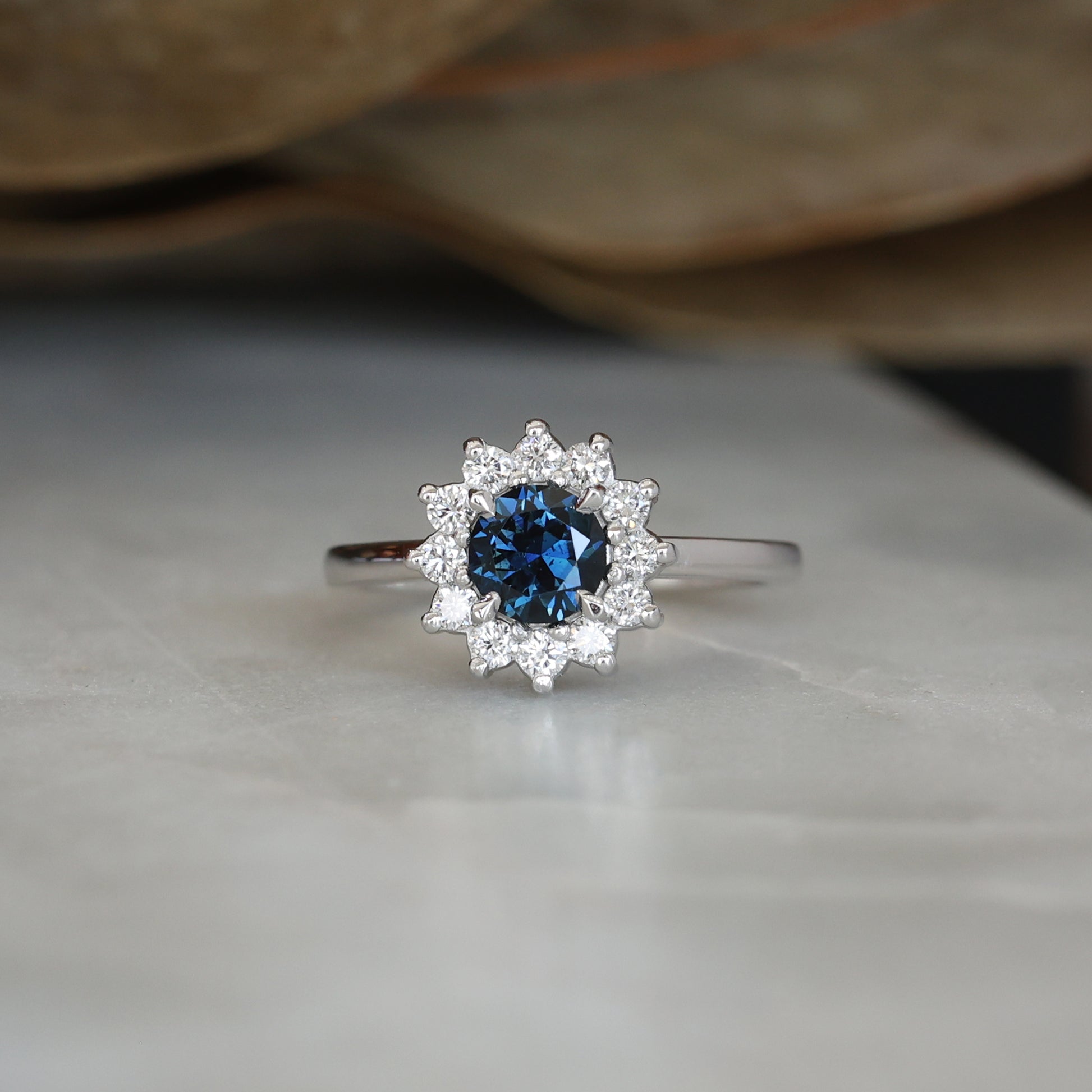 0.82ct Australian Parti Sapphire full diamond halo engagement ring