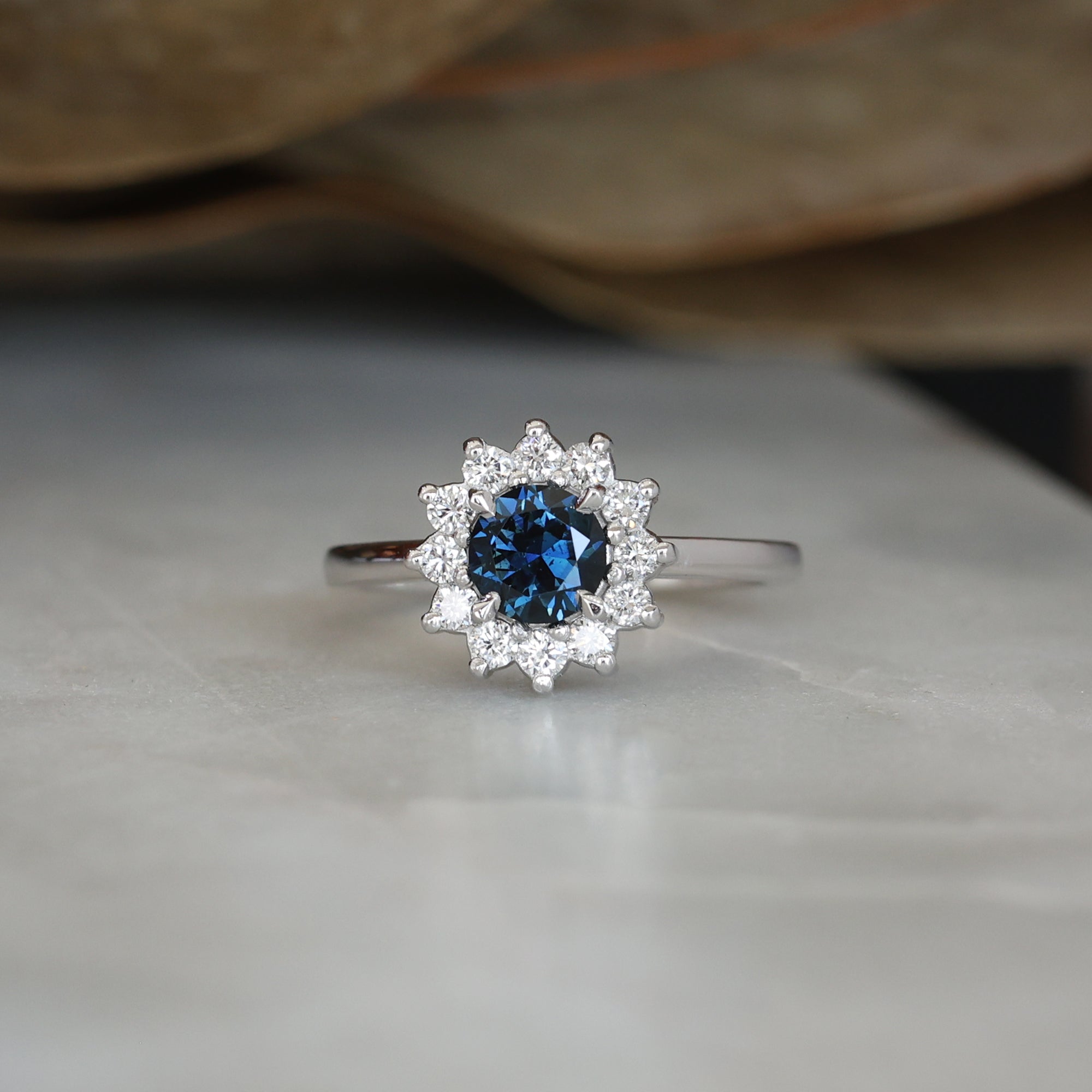 0.82ct Australian Parti Sapphire full diamond halo engagement ring