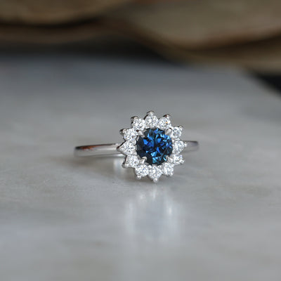 0.82ct Australian Parti Sapphire full halo engagement ring white gold