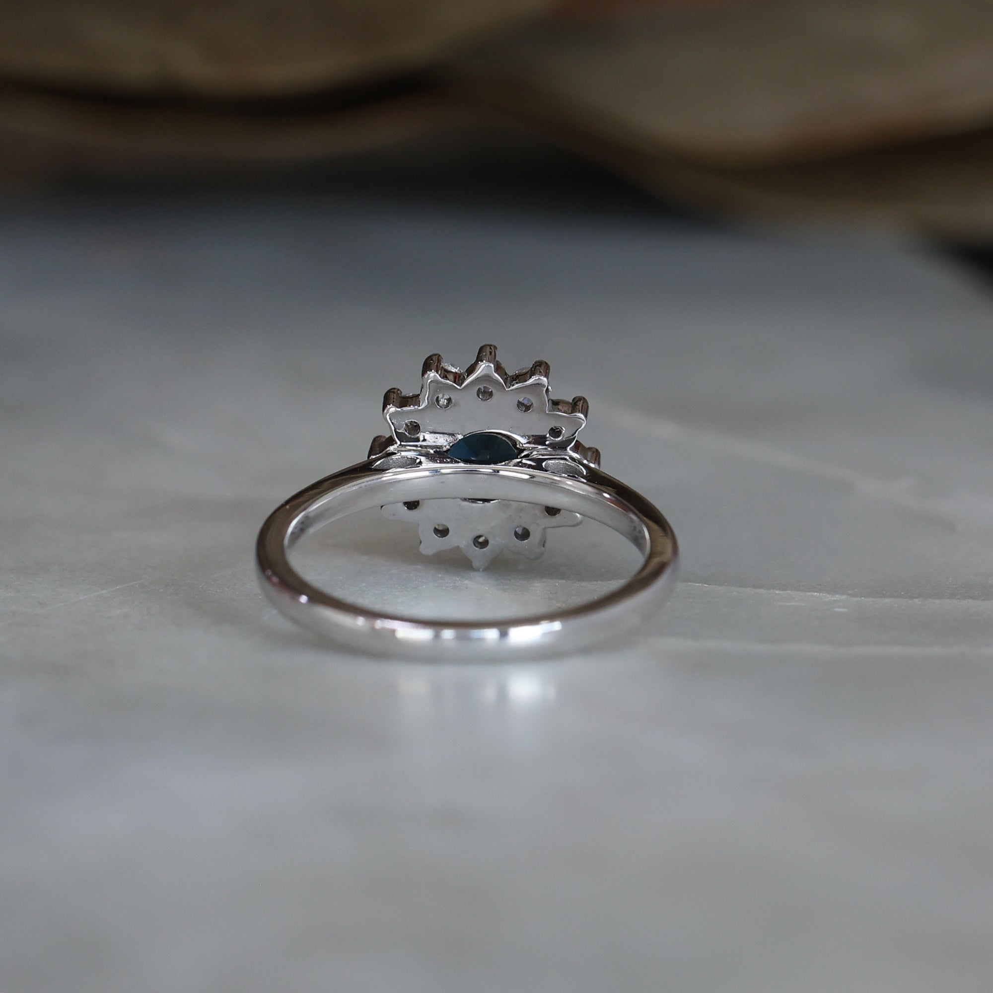 0.82ct Australian Parti Sapphire full diamond halo engagement ring back