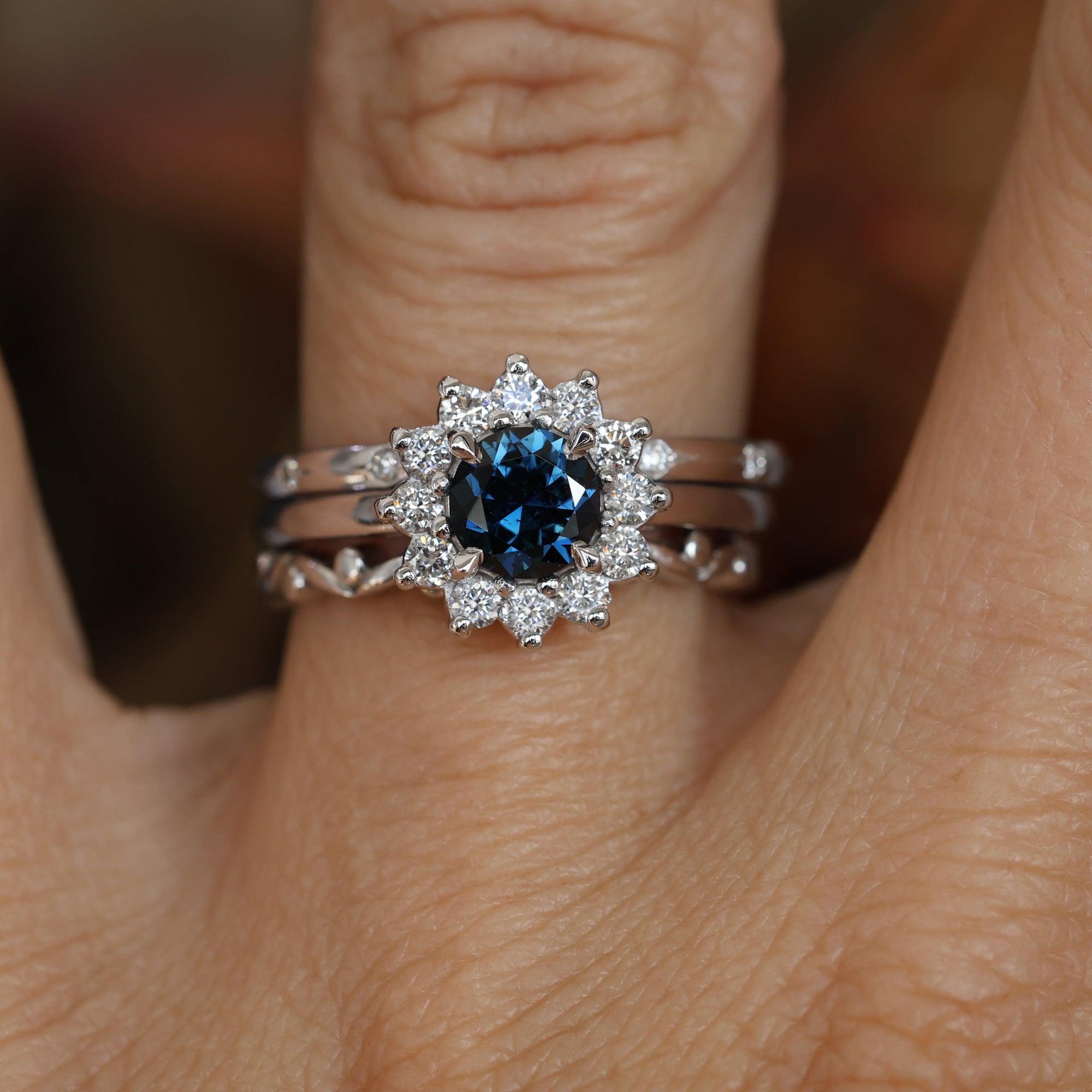 0.82ct Australian Parti Sapphire full diamond halo engagement ring with wedding bands