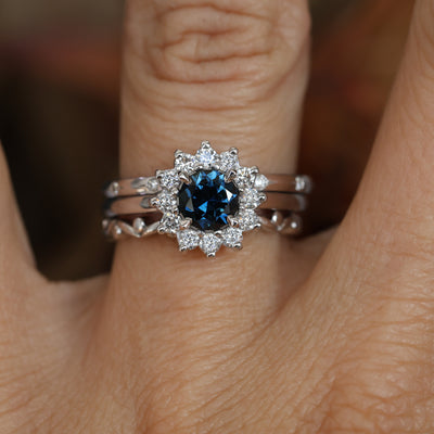 0.82ct Australian Parti Sapphire full diamond halo engagement ring with wedding bands