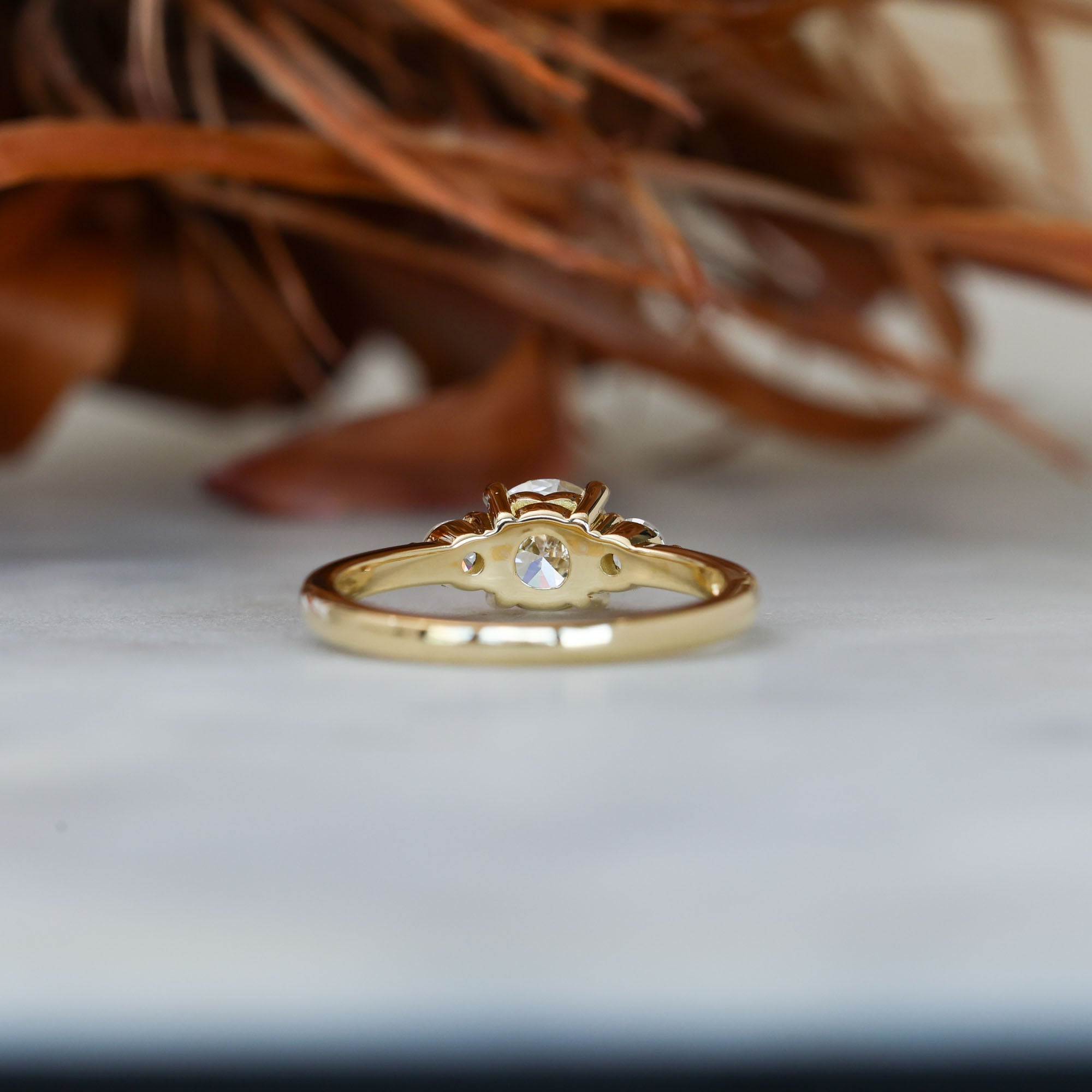 0.84ct round cut diamond trilogy engagement ring back
