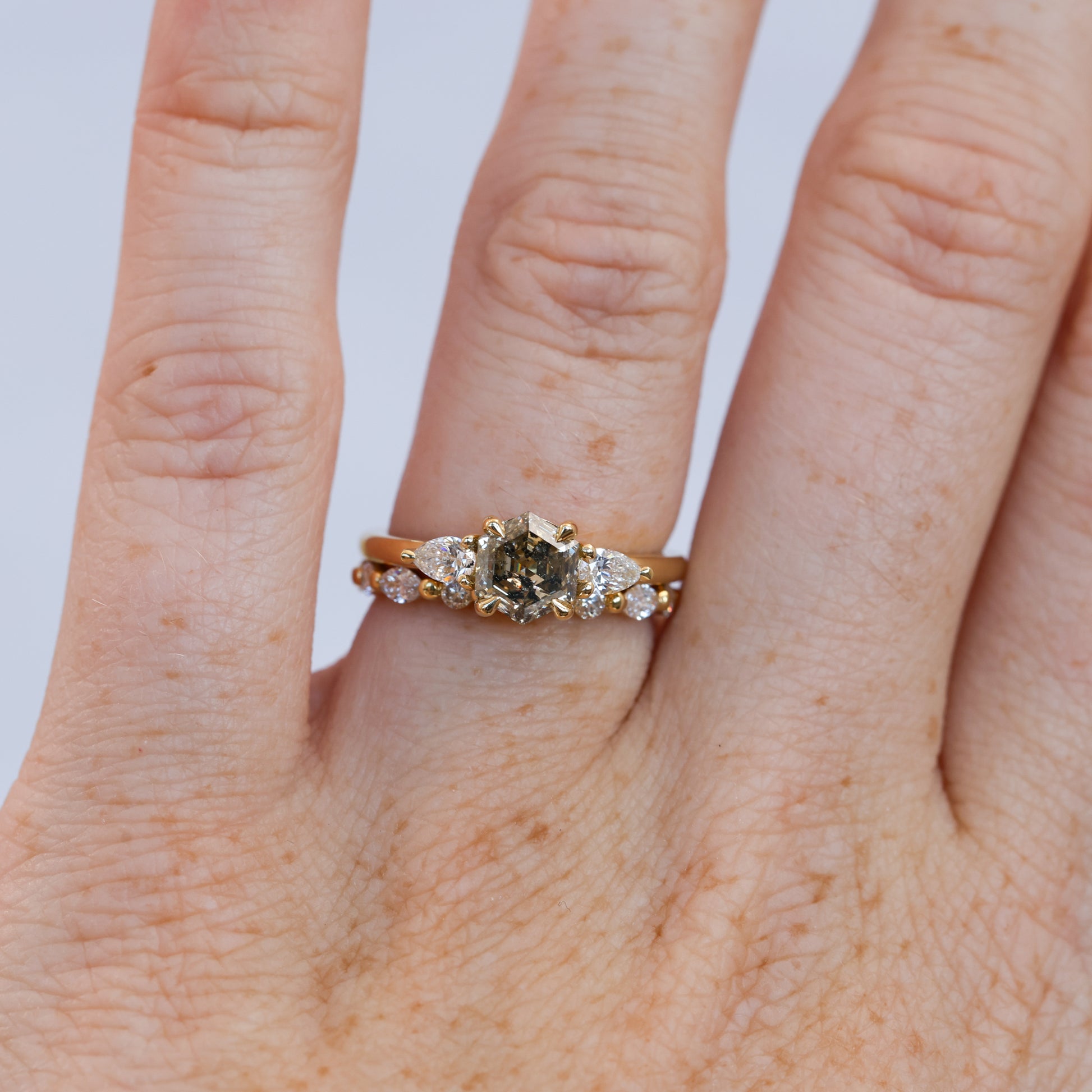 MAY TRILOGY | 1.01CT HEXAGON CUT SALT & PEPPER DIAMOND ENGAGEMENT RING