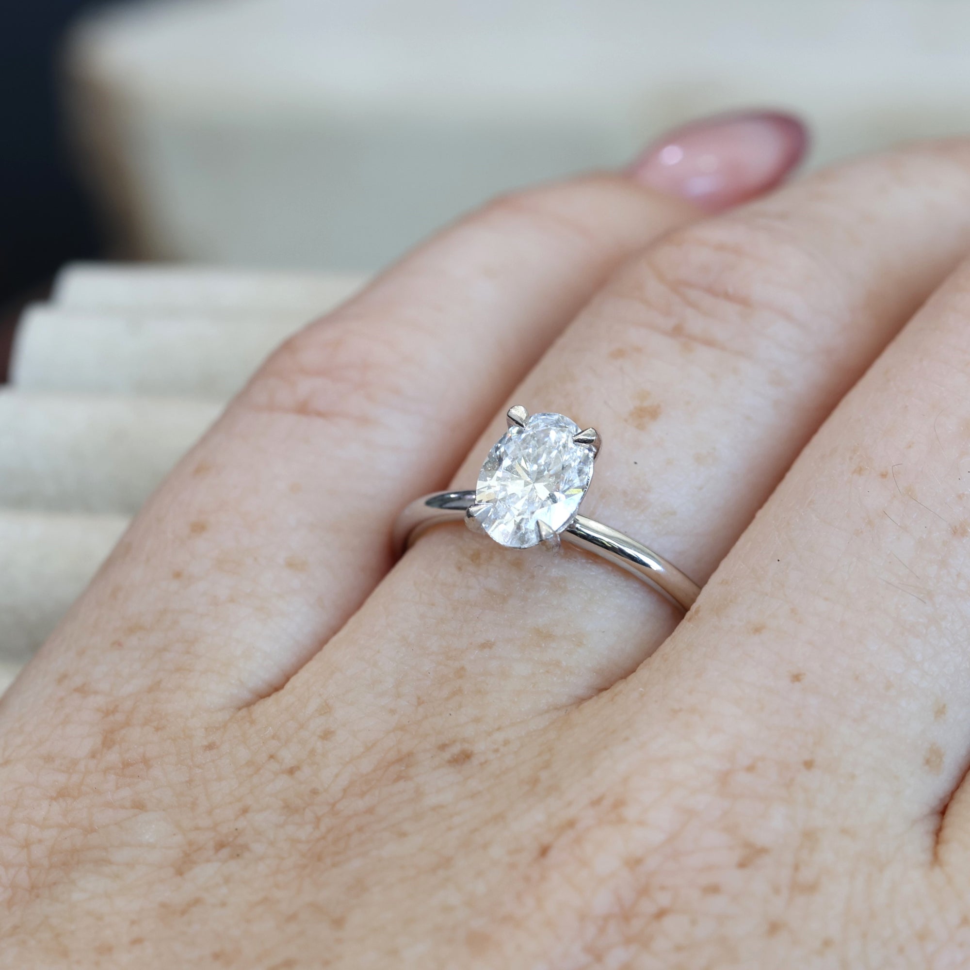1.08ct Oval Diamond Solitaire engagement ring white gold on hand