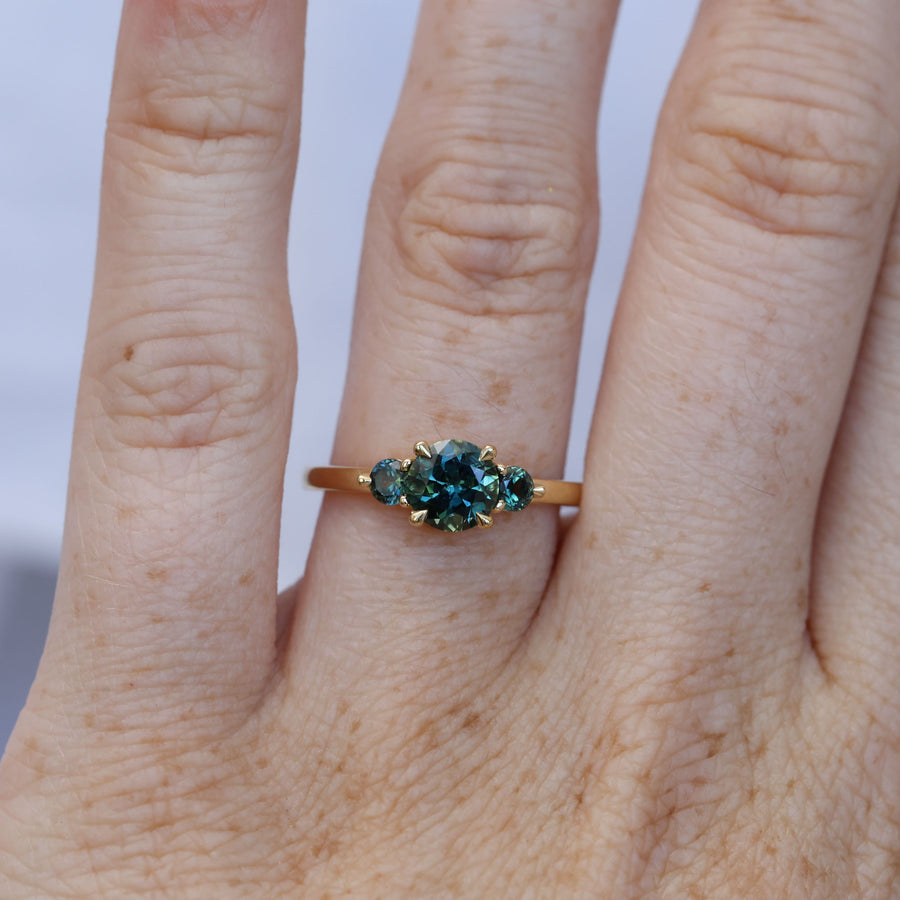 1.19ct round cut australian parti sapphire trilogy engagement ring