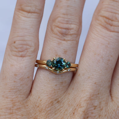 1.19ct round cut australian parti sapphire trilogy engagement ring with wedding band