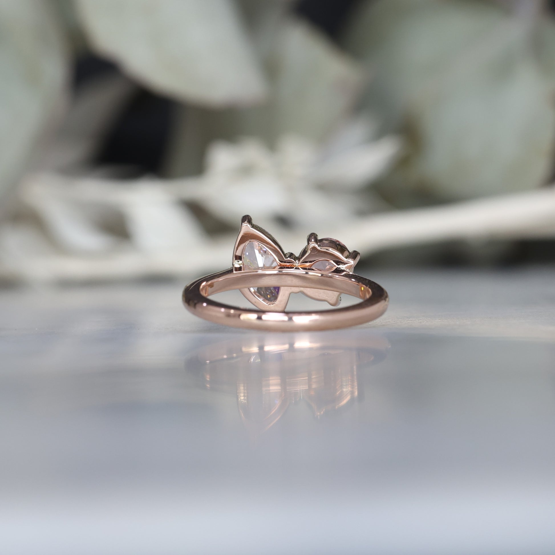 1.20ct pink sapphire and 1.00ct marquise lab diamond toi et moi engagement ring