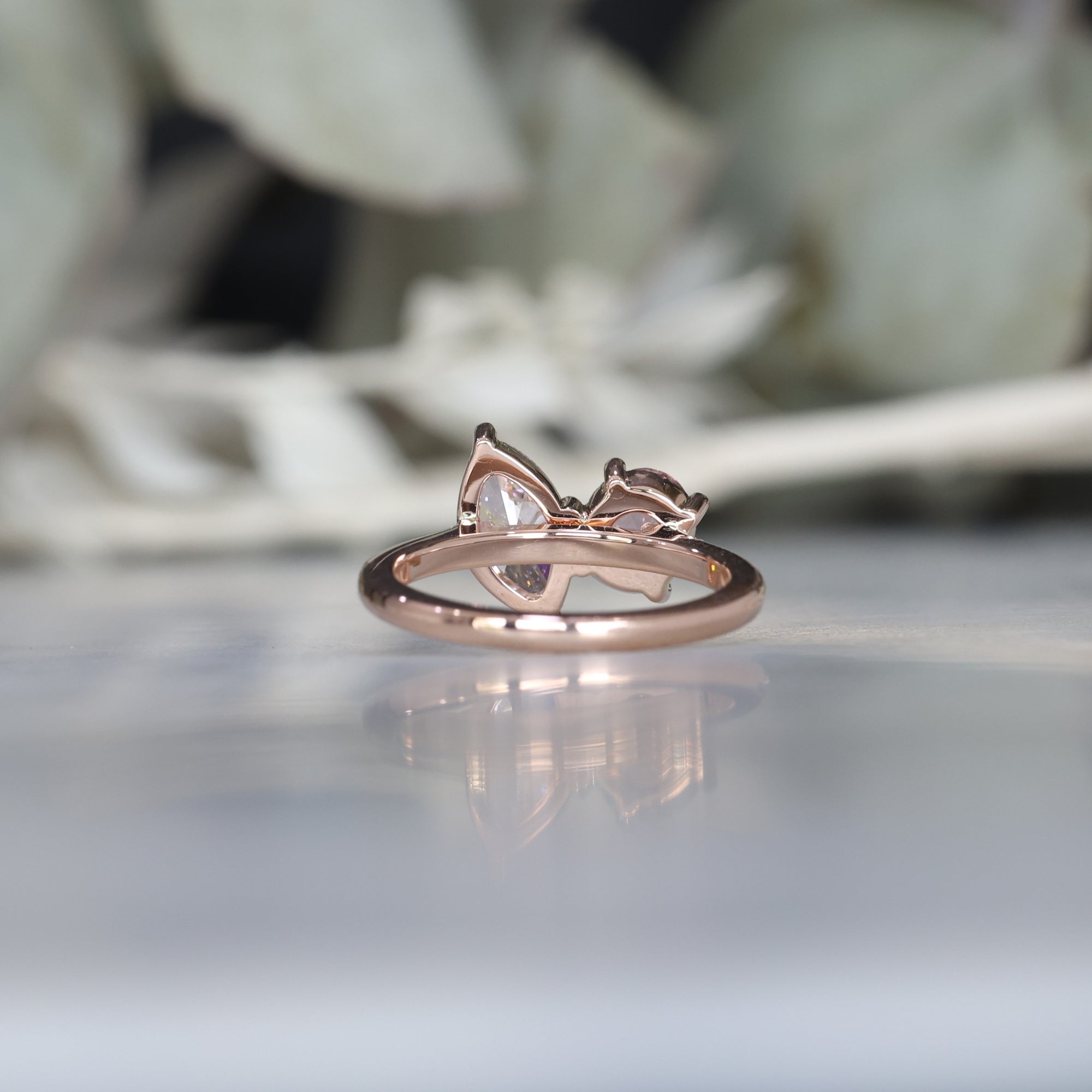 1.20ct pink sapphire and 1.00ct marquise lab diamond toi et moi engagement ring