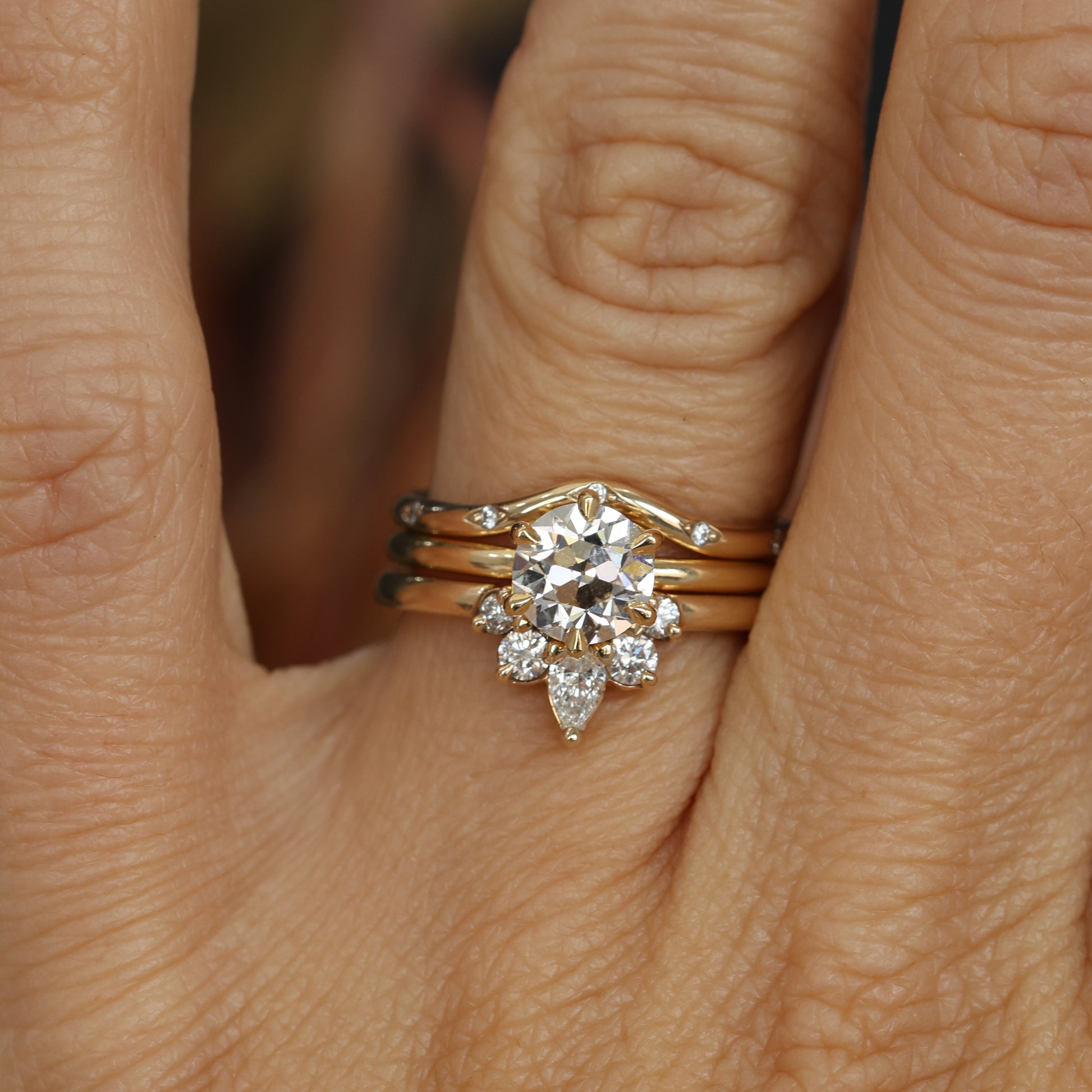 1.24ct Old European Style Cut Diamond engagement ring with wedding bands on hand