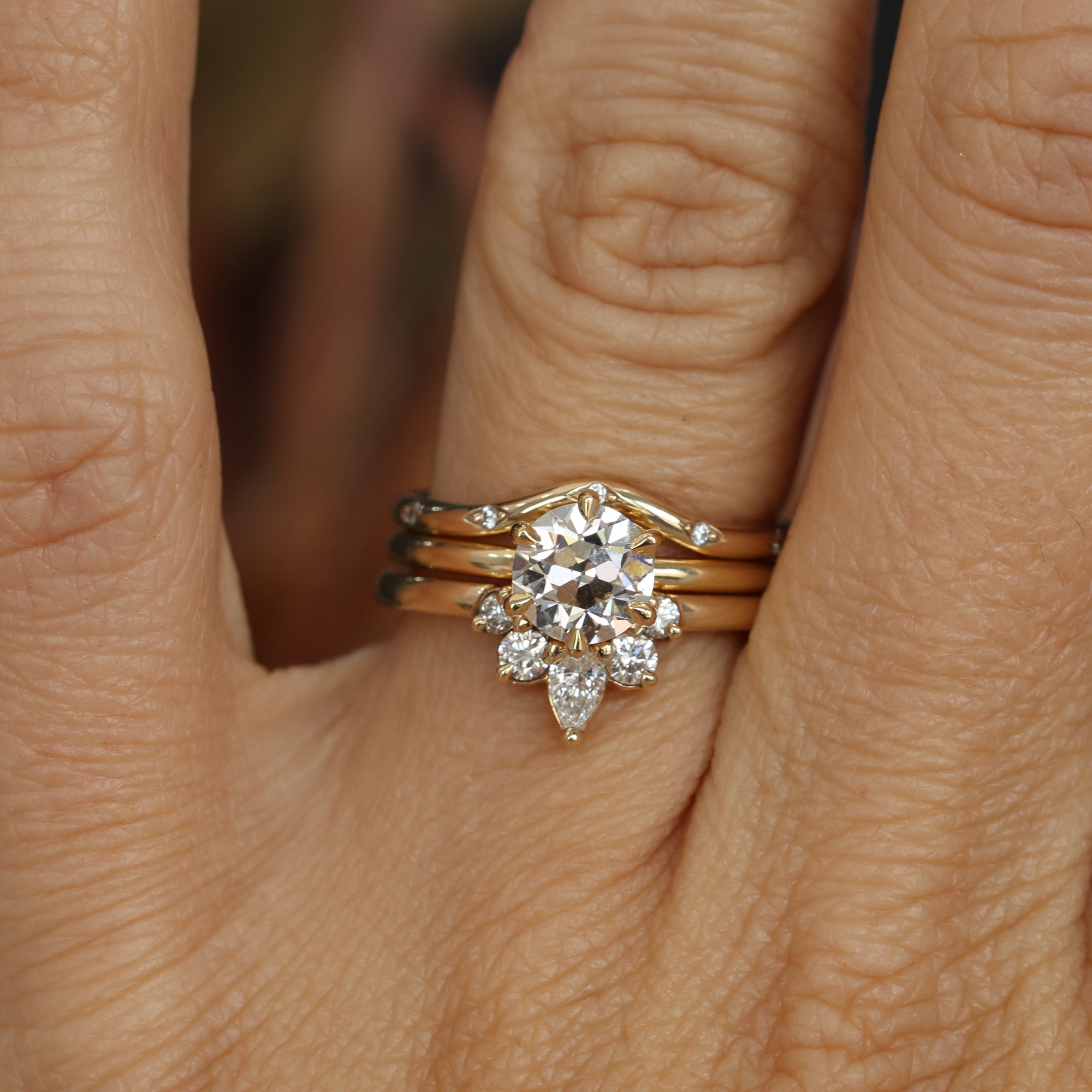 1.24ct Old European Style Cut Diamond engagement ring with wedding bands on hand