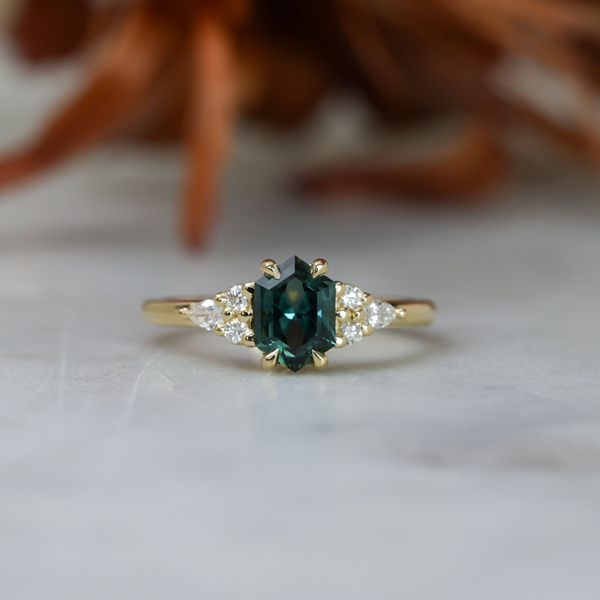 1.35ct Elongated hexagon Australian Parti Sapphire 7 stone engagement ring