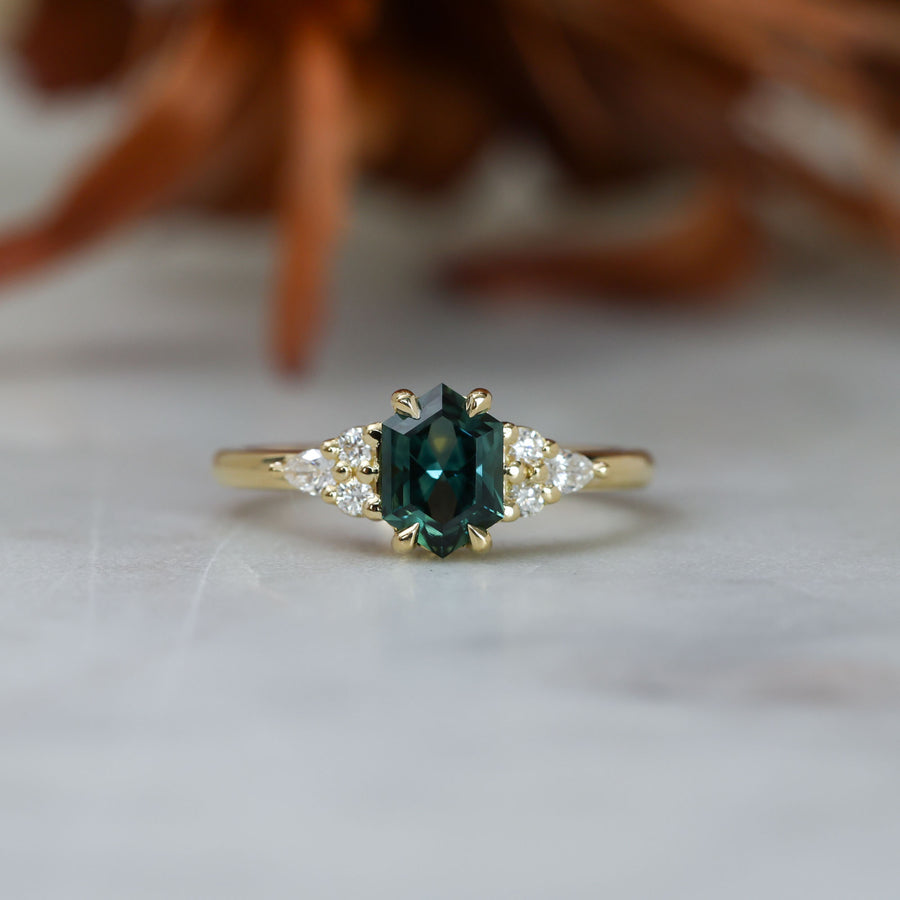 1.35ct Elongated hexagon Australian Parti Sapphire 7 stone engagement ring