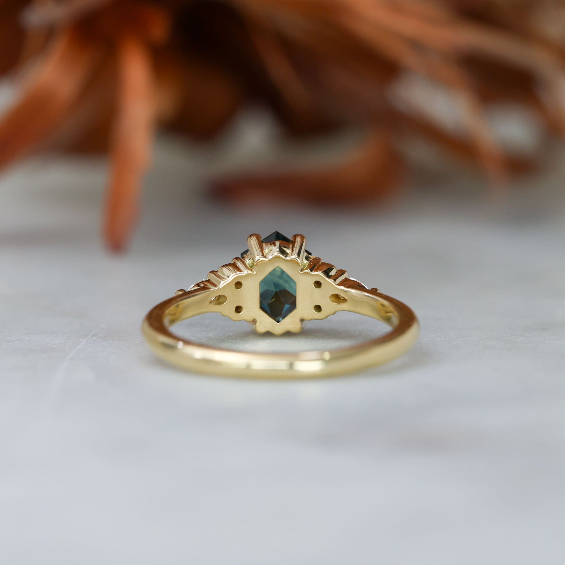 1.35ct Elongated hexagon Australian Parti Sapphire 7 stone engagement ring