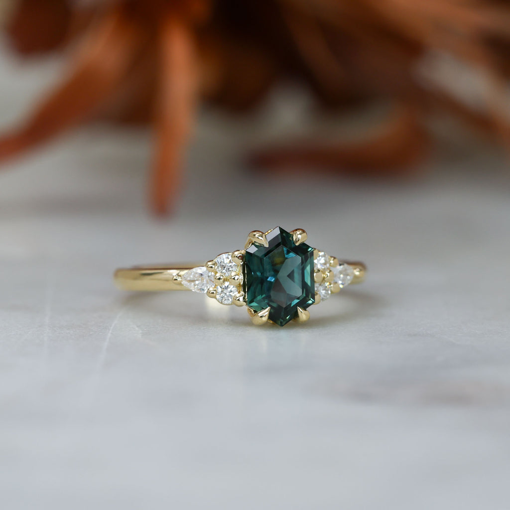 1.35ct Elongated hexagon Australian Parti Sapphire 7 stone engagement ring