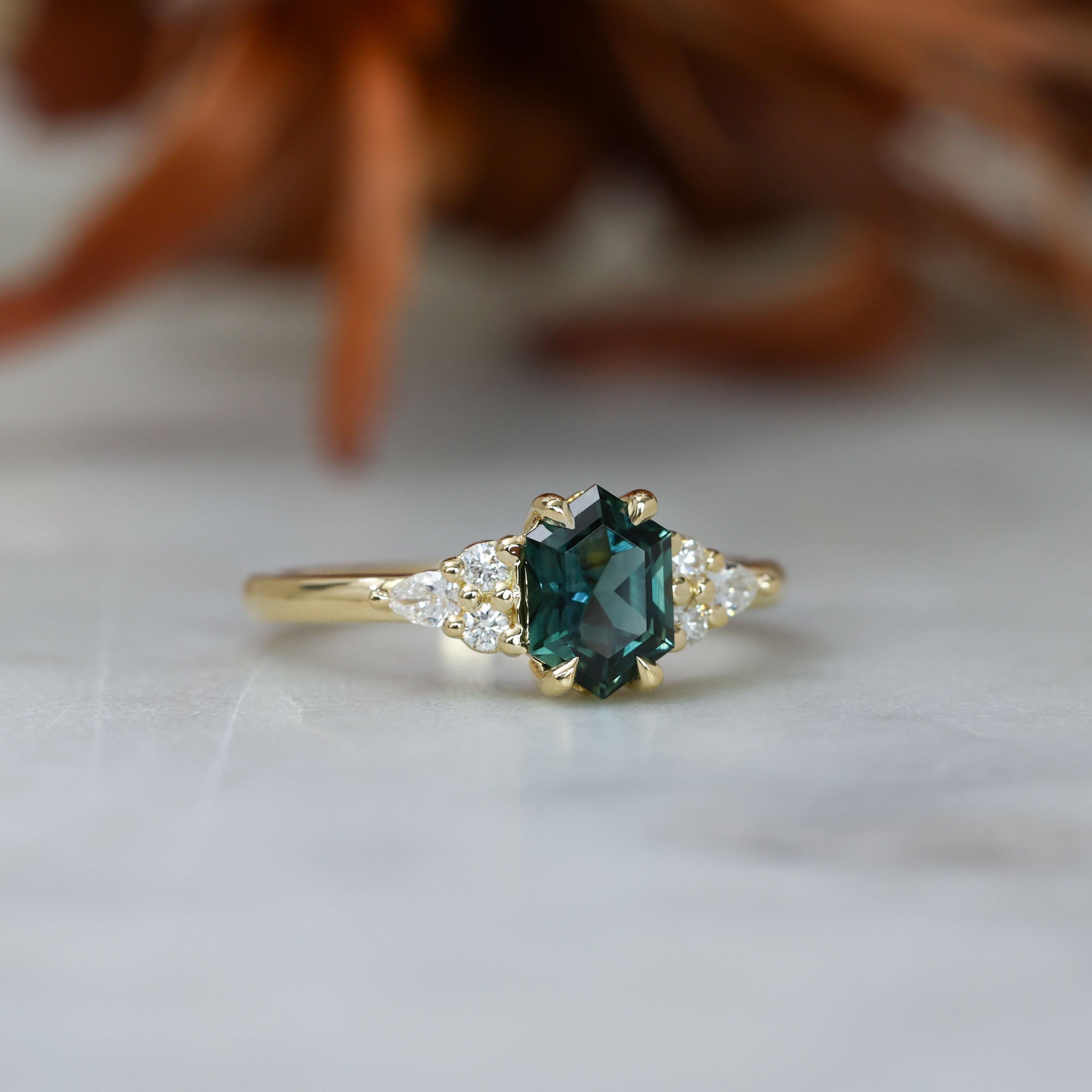 1.35ct Elongated hexagon Australian Parti Sapphire 7 stone engagement ring