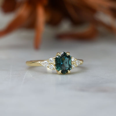 1.35ct Elongated hexagon Australian Parti Sapphire 7 stone engagement ring