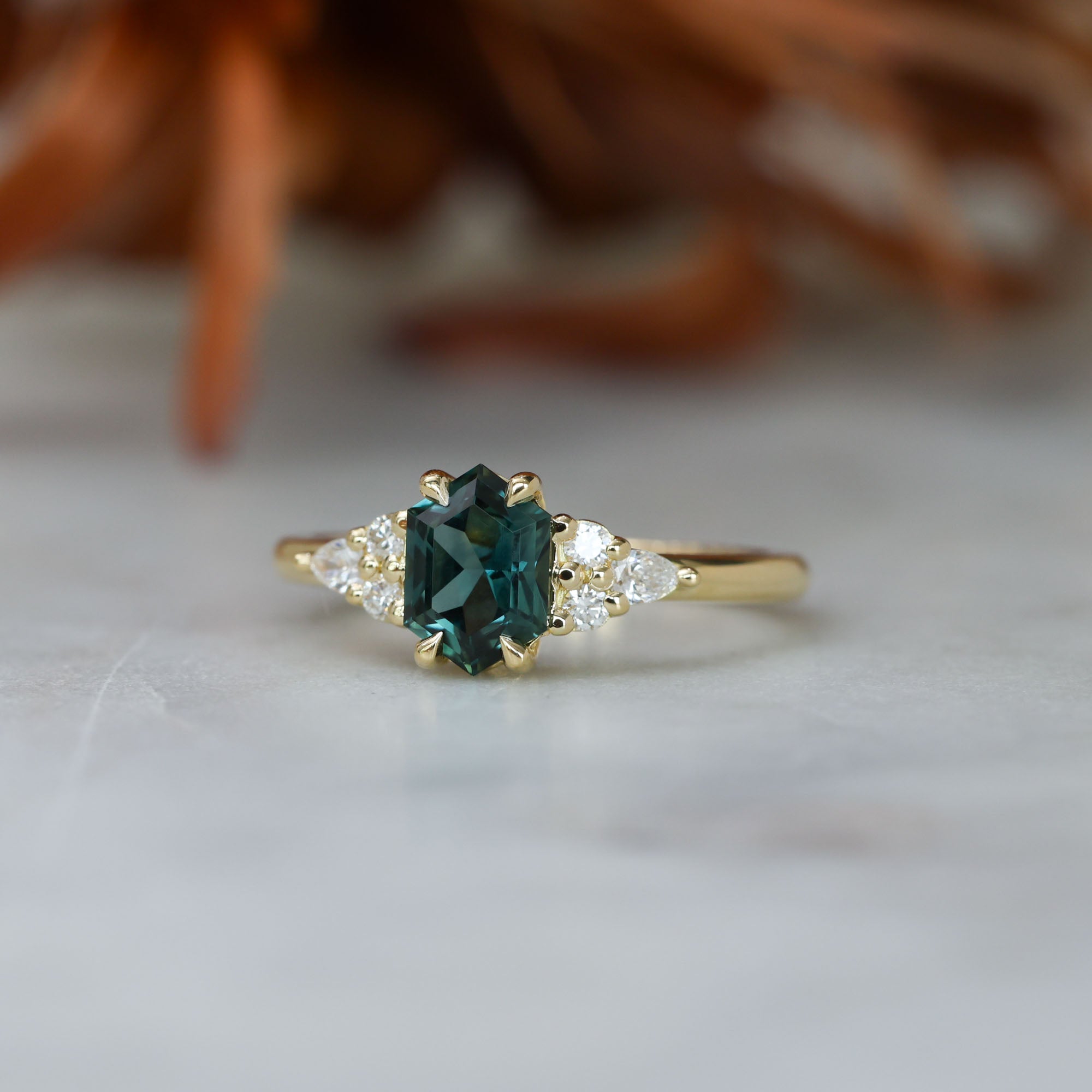 1.35ct Elongated hexagon Australian Parti Sapphire 7 stone engagement ring