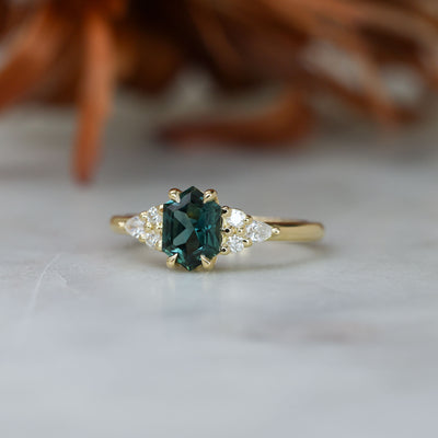 1.35ct Elongated hexagon Australian Parti Sapphire 7 stone engagement ring