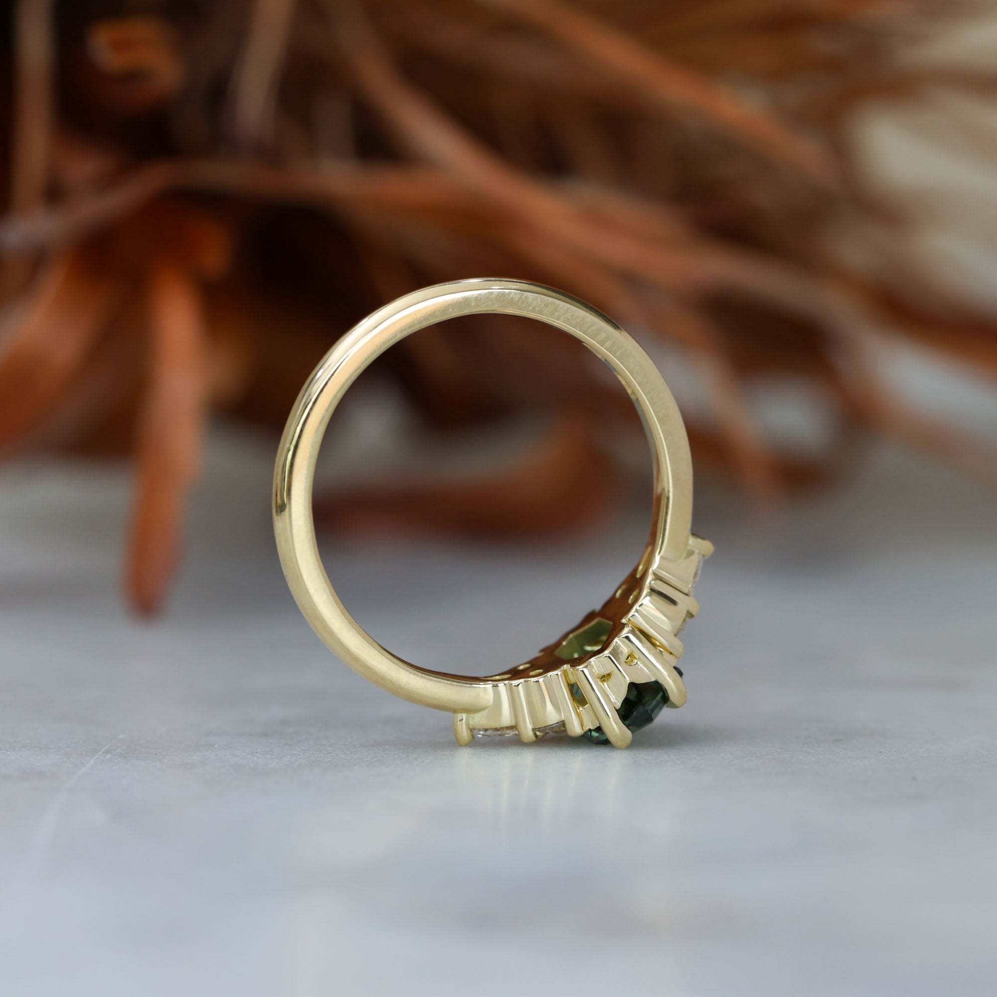 1.35ct Elongated hexagon Australian Parti Sapphire 7 stone engagement ring