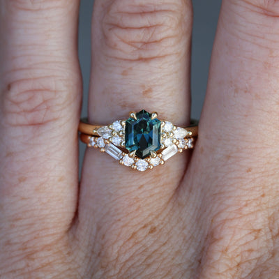 1.35ct Elongated hexagon Australian Parti Sapphire 7 stone engagement ring with wedding band