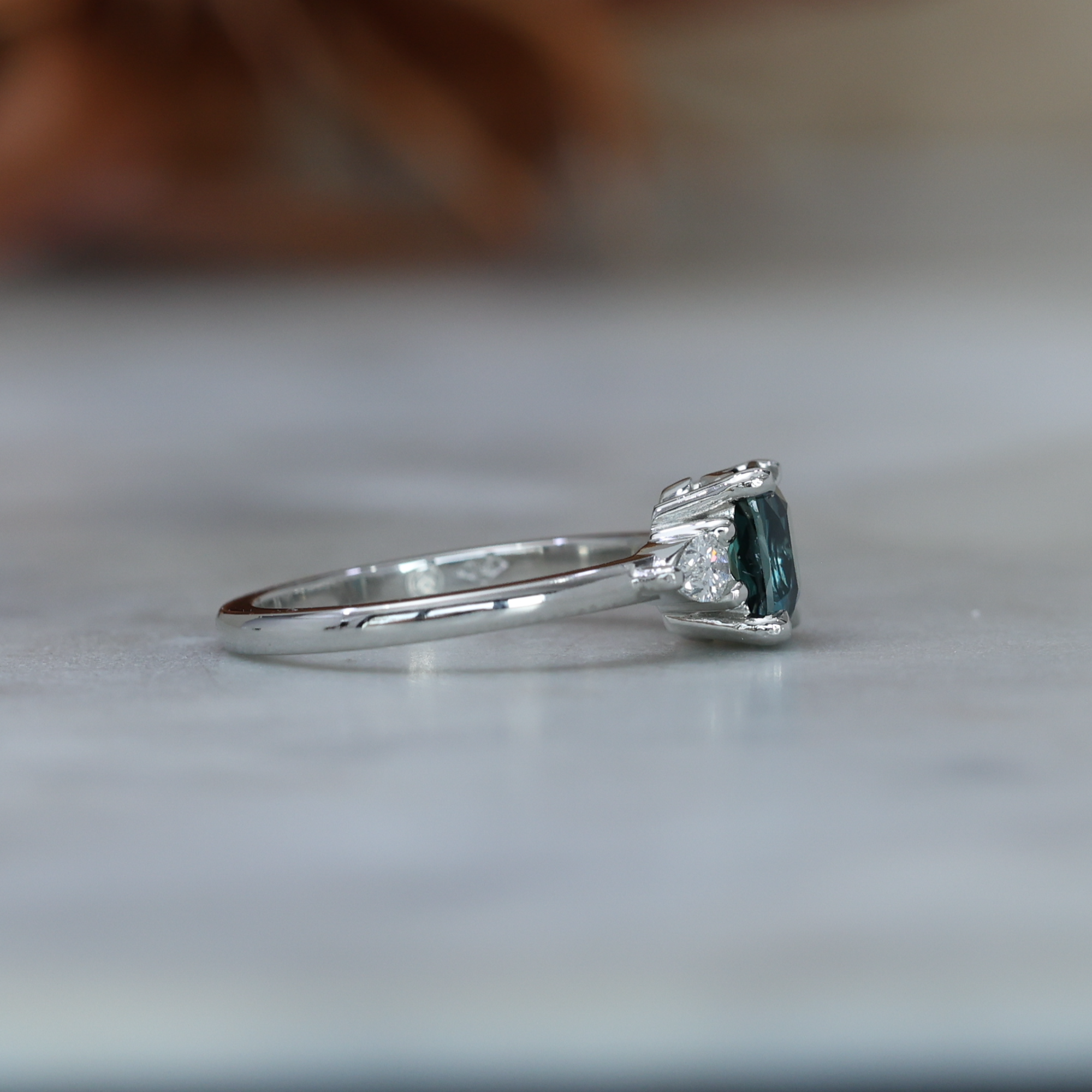 1.50ct Madagascan Sapphire white gold Trilogy Engagement ring side view