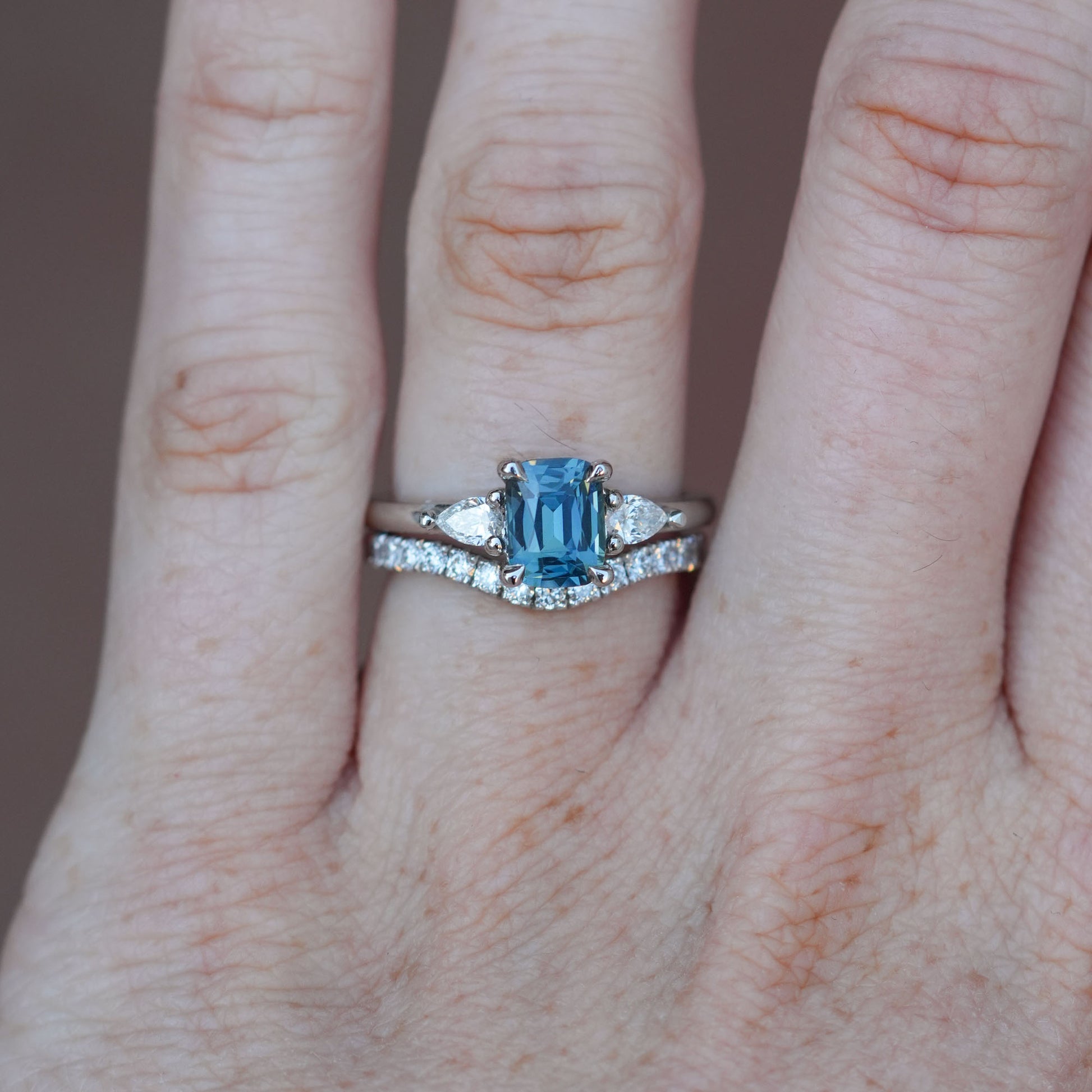 1.50ct Madagascan Sapphire Trilogy Engagement ring with wedding band