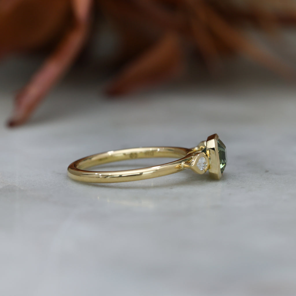 1.51ct Madagascan Sapphire Bezel trilogy engagement ring