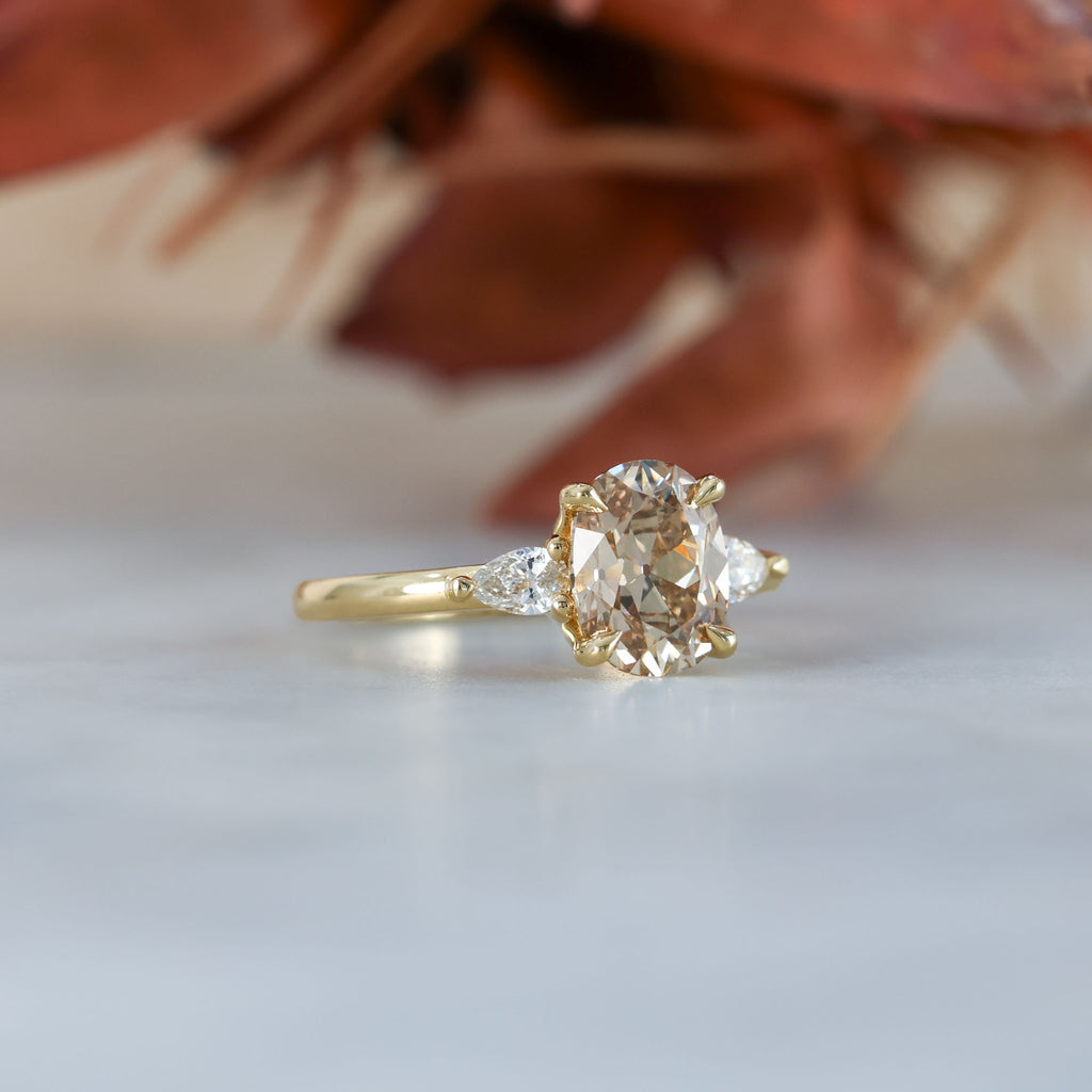 brown 1.86ct old mine cushion cut lab created diamond trilogy engagement ring yellow gold