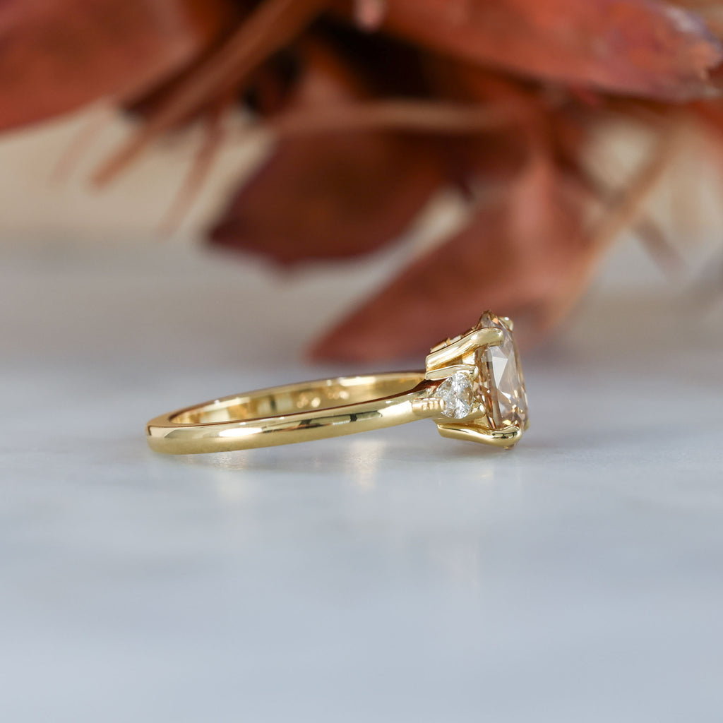 brown 1.86ct old mine cushion cut lab created diamond trilogy engagement ring yellow gold
