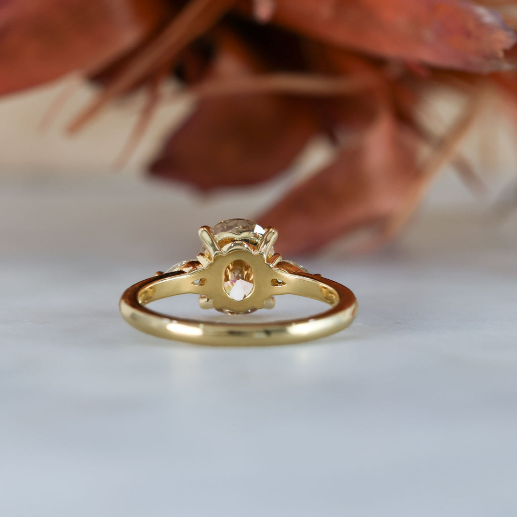 brown 1.86ct old mine cushion cut lab created diamond trilogy engagement ring yellow gold