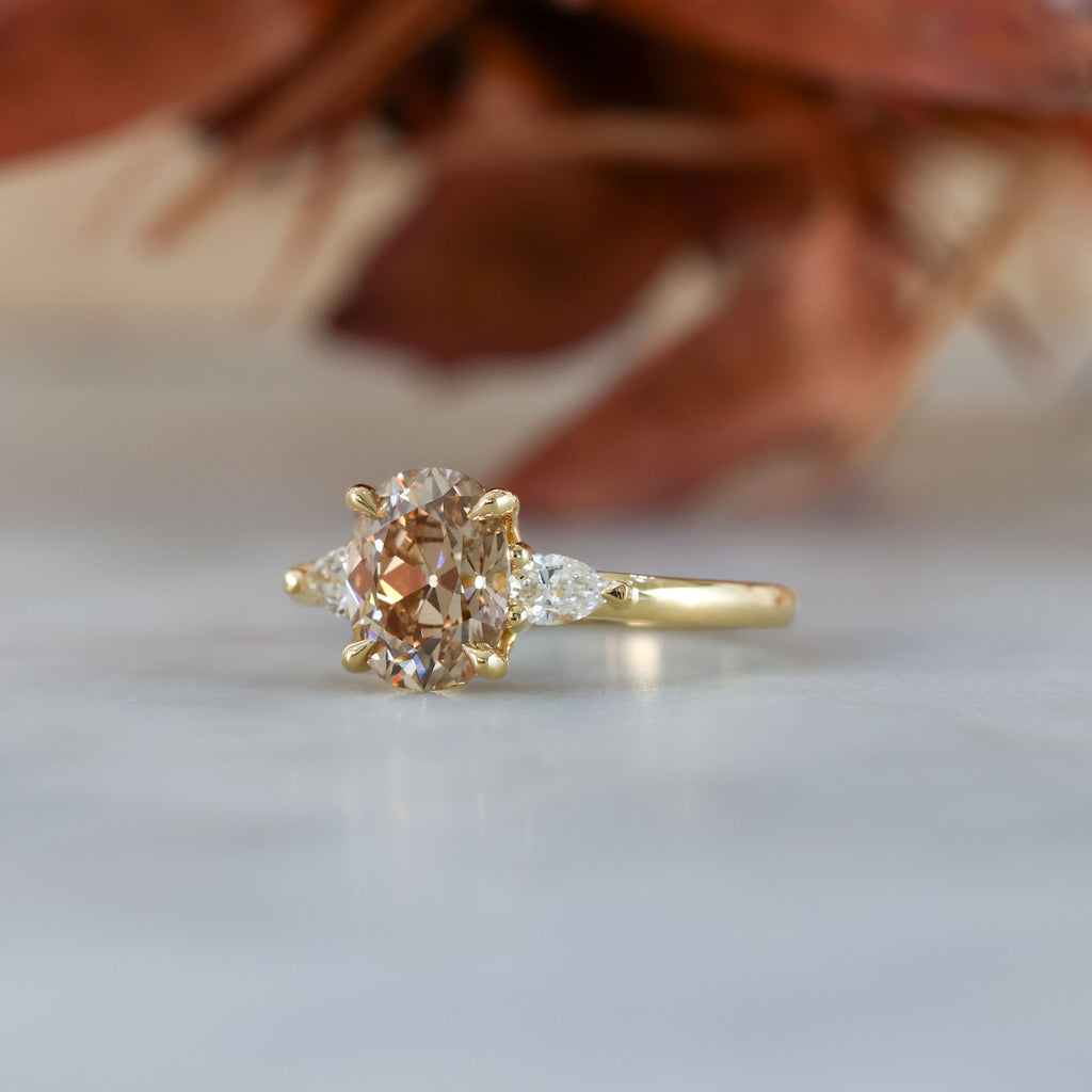 brown 1.86ct old mine cushion cut lab created diamond trilogy engagement ring yellow gold