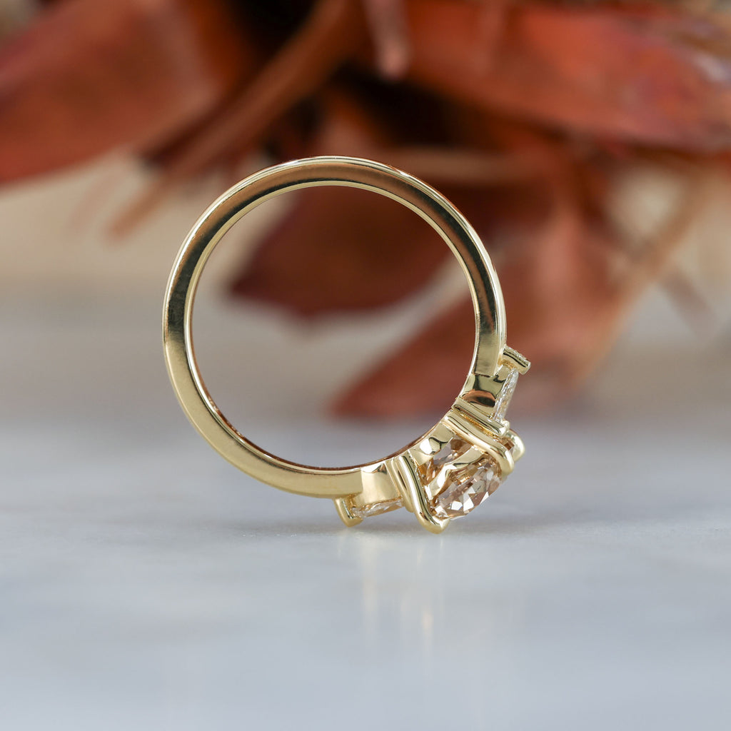 brown 1.86ct old mine cushion cut lab created diamond trilogy engagement ring yellow gold