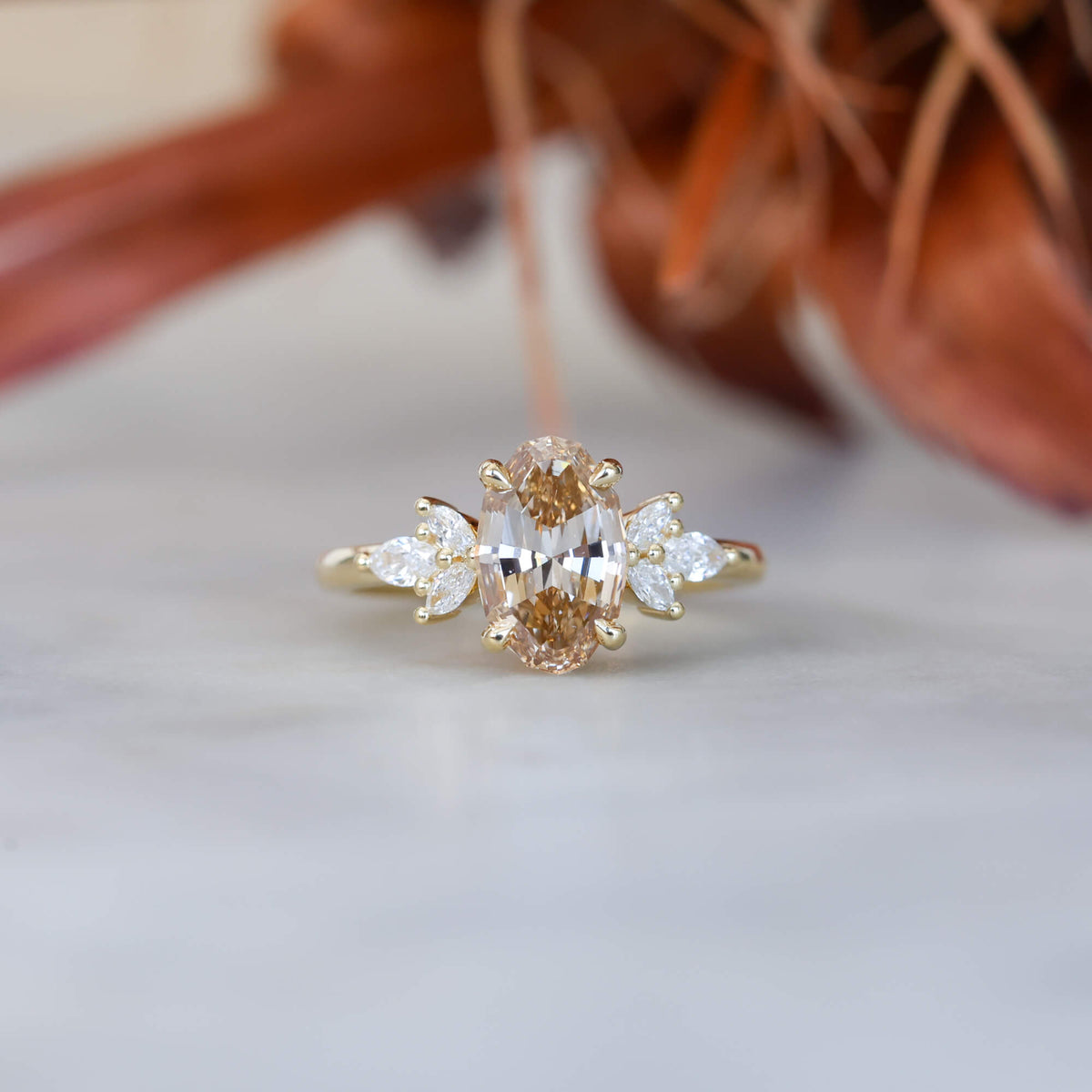 1.92ct oval step cut lab created champagne diamond engagement ring
