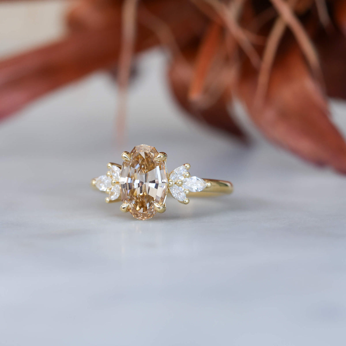 1.92ct oval step cut lab created champagne diamond engagement ring