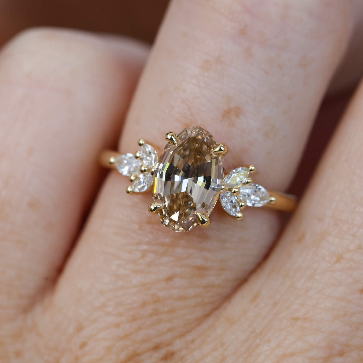 1.92ct oval step cut lab created champagne diamond engagement ring