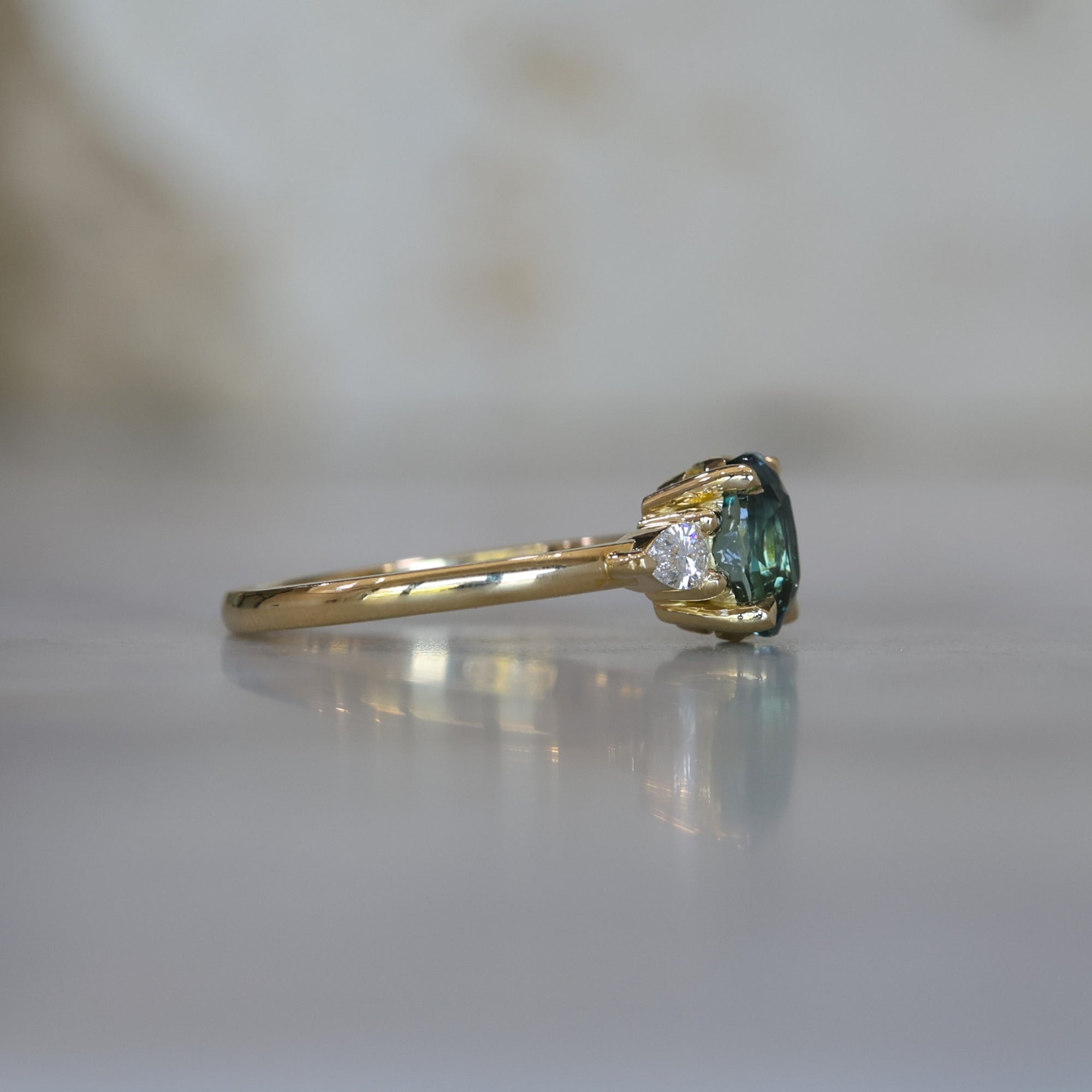 2.01ct Madagascan Sapphire Trilogy Engagement ring side view