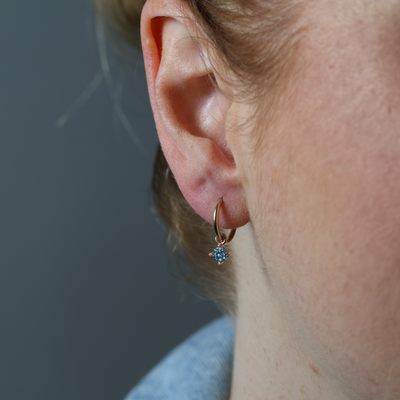 4mm Montana Sapphire hoop earrings rose gold in ear